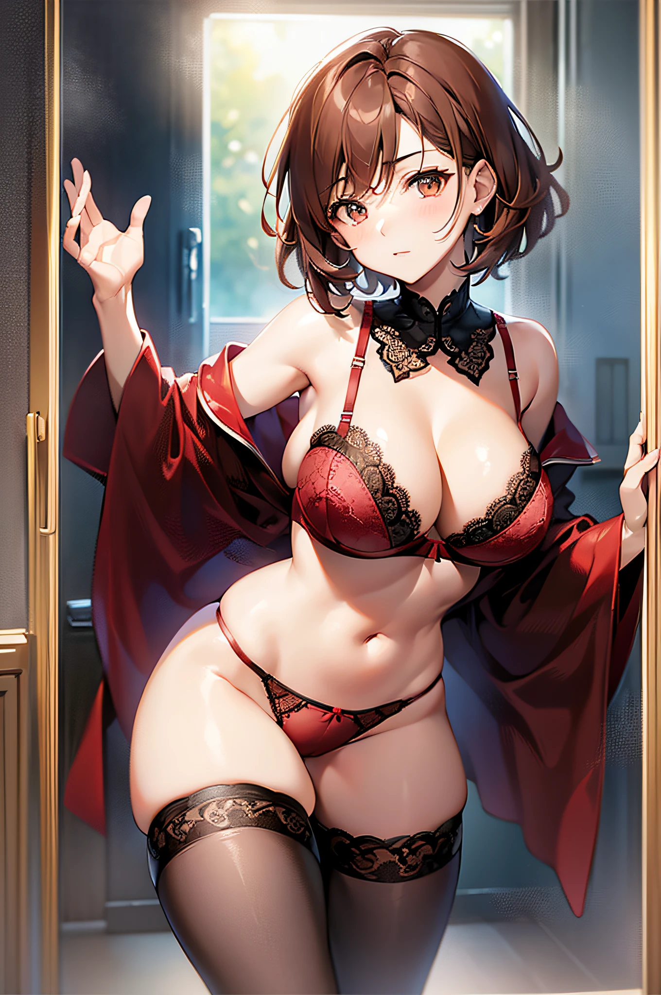 1 woman, mature, big breast, solo, lace panties, (lace bra: 1.1), lace tights, short hair, short square haircut, elongated, legs apart, brown hair, tights, red underwear, red bra, red panties, brown hair, brown hair, brown hair