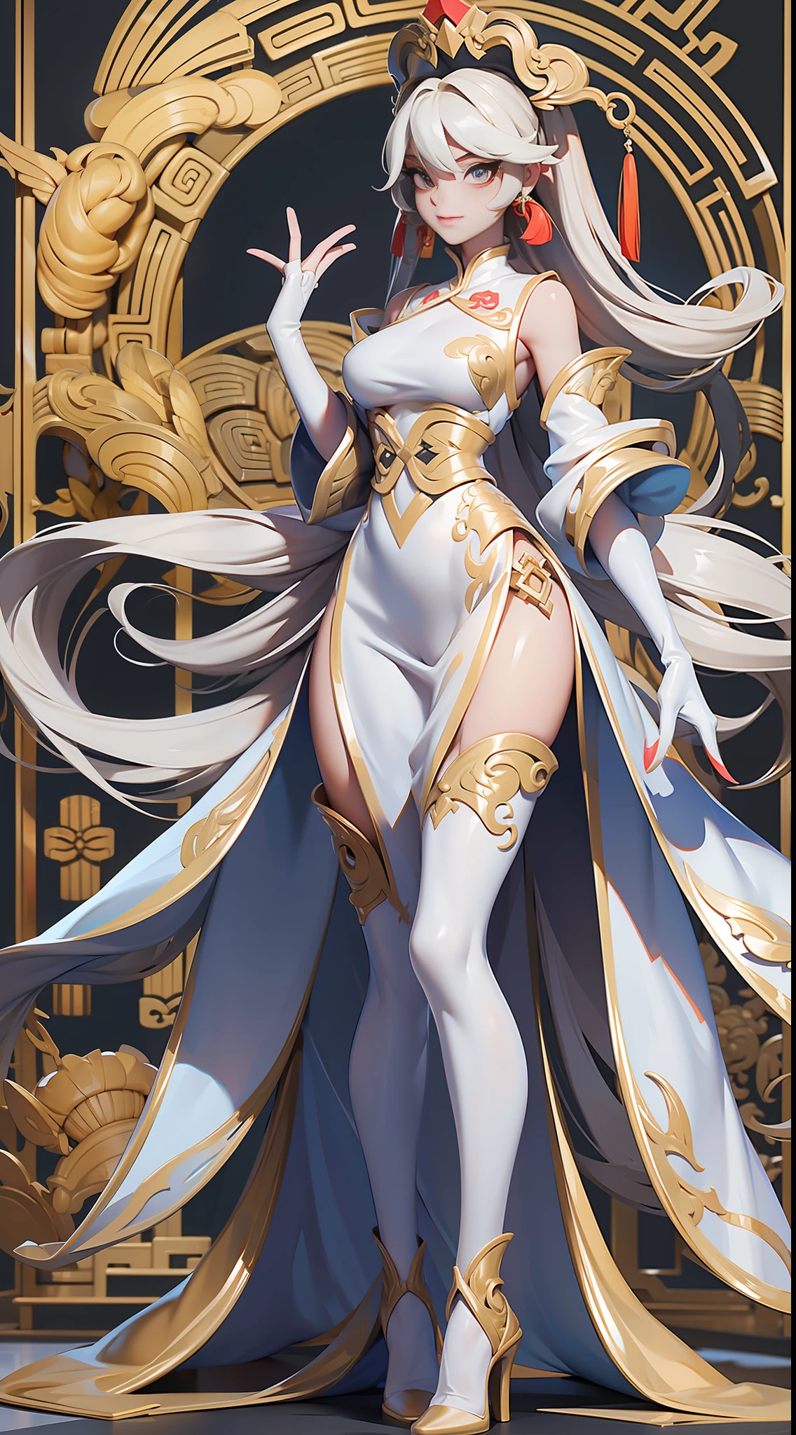 full body picture Unreal Engine 5 8K UHD of beautiful female, tight Chinese white dress, long glove, luxurious accessory, high heels, Chinese style hair, beautiful make up, best quality, masterpiece