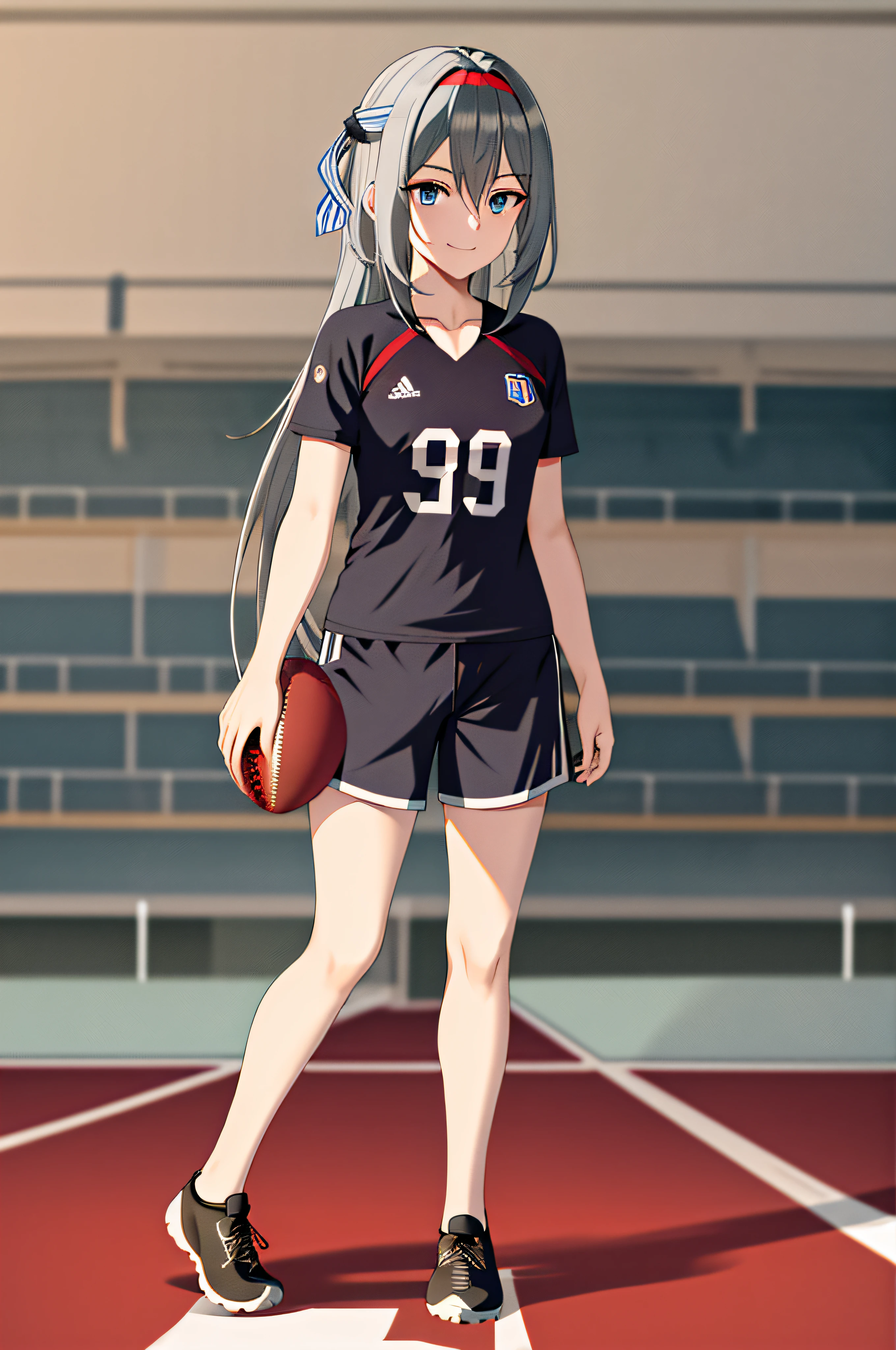 masterpiece, best quality, highres, kei1, 1girl, solo, blue eyes, long hair, (wears a Venezuelan football uniform that is called Red Wine), ribbon, bangs, collarbone, gray hair, black hair band, neck ribbon, hair between eyes, medium breasts, cowboy shot, smile, anatomically correct full body, this on a football field pateando a normal soccer ball,  Complete eScenario detallado