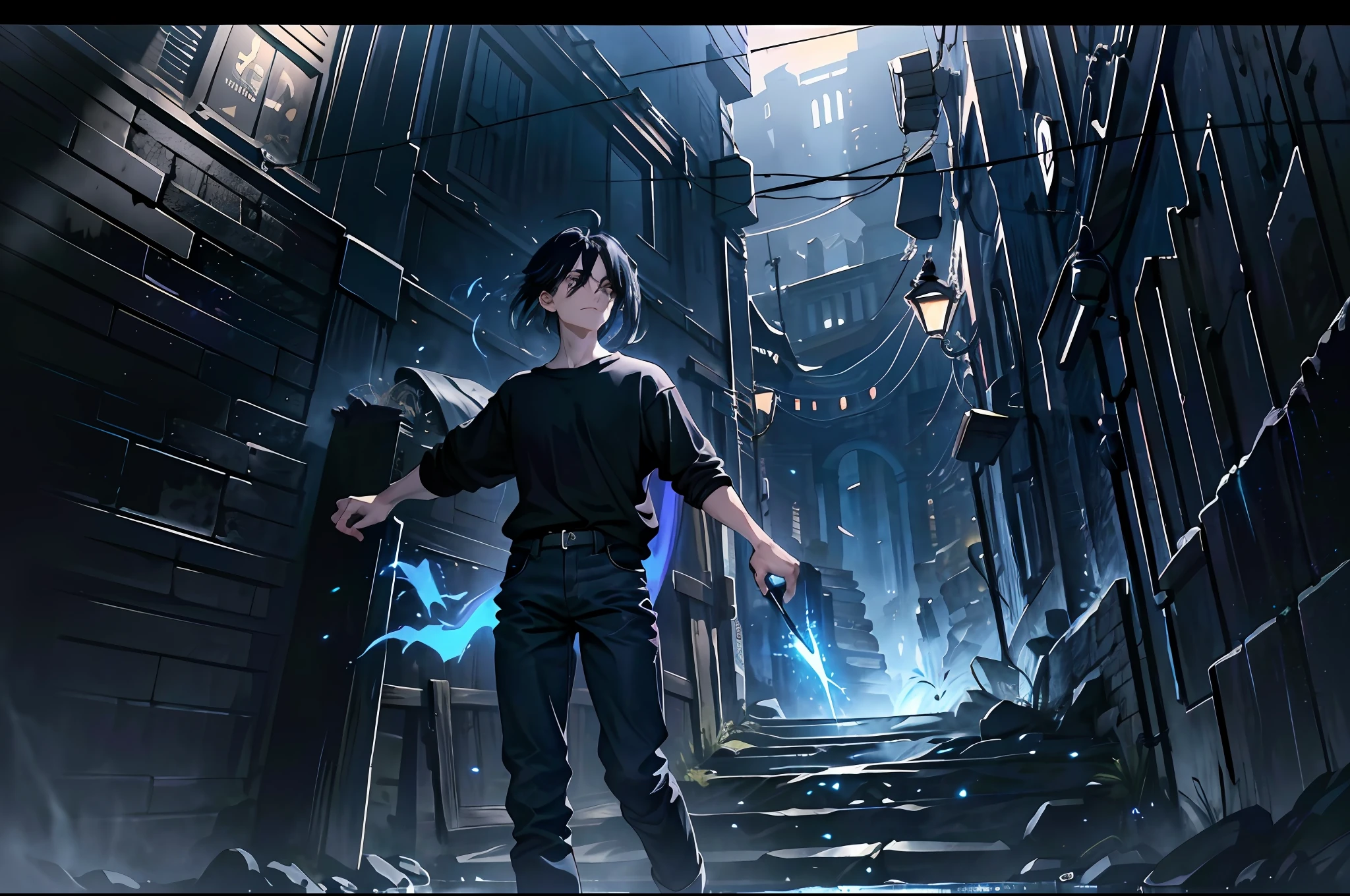 best quality, masterpiece, extremely detailed, detailed background, 1boy, 1girl solo, (motion lines:1.1), bloom, cinematic lighting, full body, black hair, black eyes, jeans, dark shirt, looking at the viewer, dark alley, (character with subtle blue light power around the body: 1.3), thunder, (flying blue sparks: 1;3), dynamic angle, night, dark theme, realistic fantasy