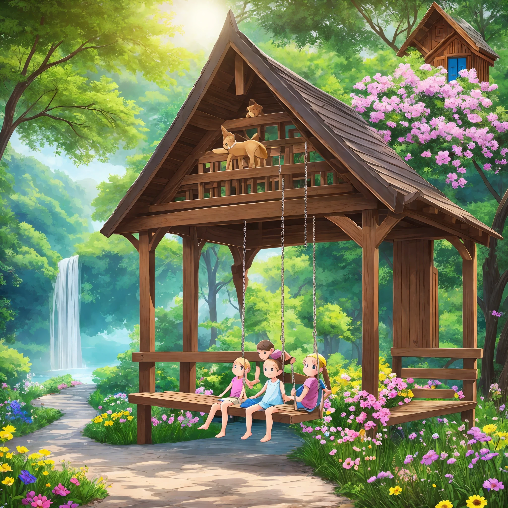 Children on swing, guardian angel, woods, flower, lake, sun, road, house, dog, cat, waterfall --auto --s2