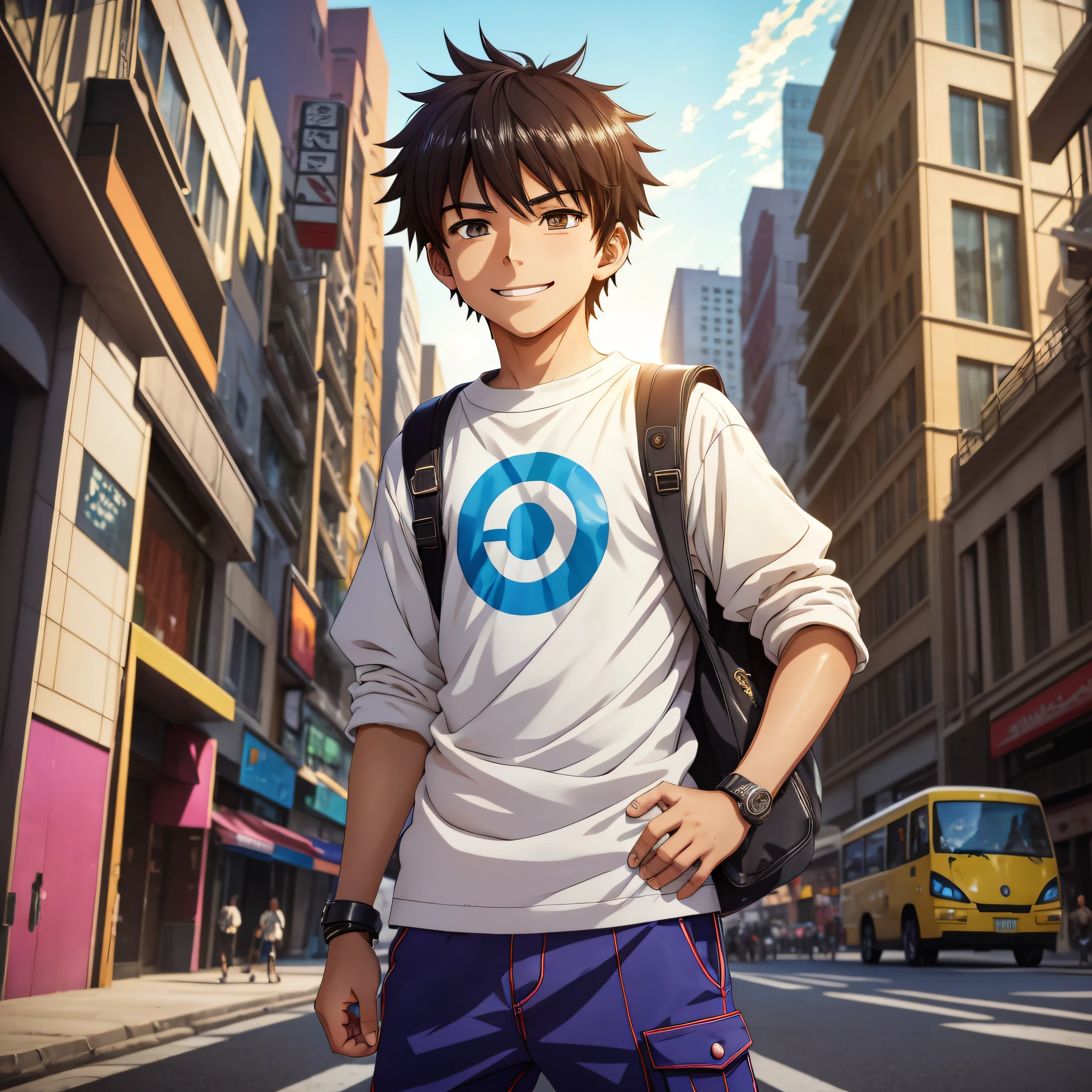 A 12-year-old boy, transformed into an anime style, with exaggerated facial features and unique clothes, standing on a busy city street, backlit background highlighting the subject, high-contrast colors, high-definition 4K quality, young, smiling, handsome --auto --s2