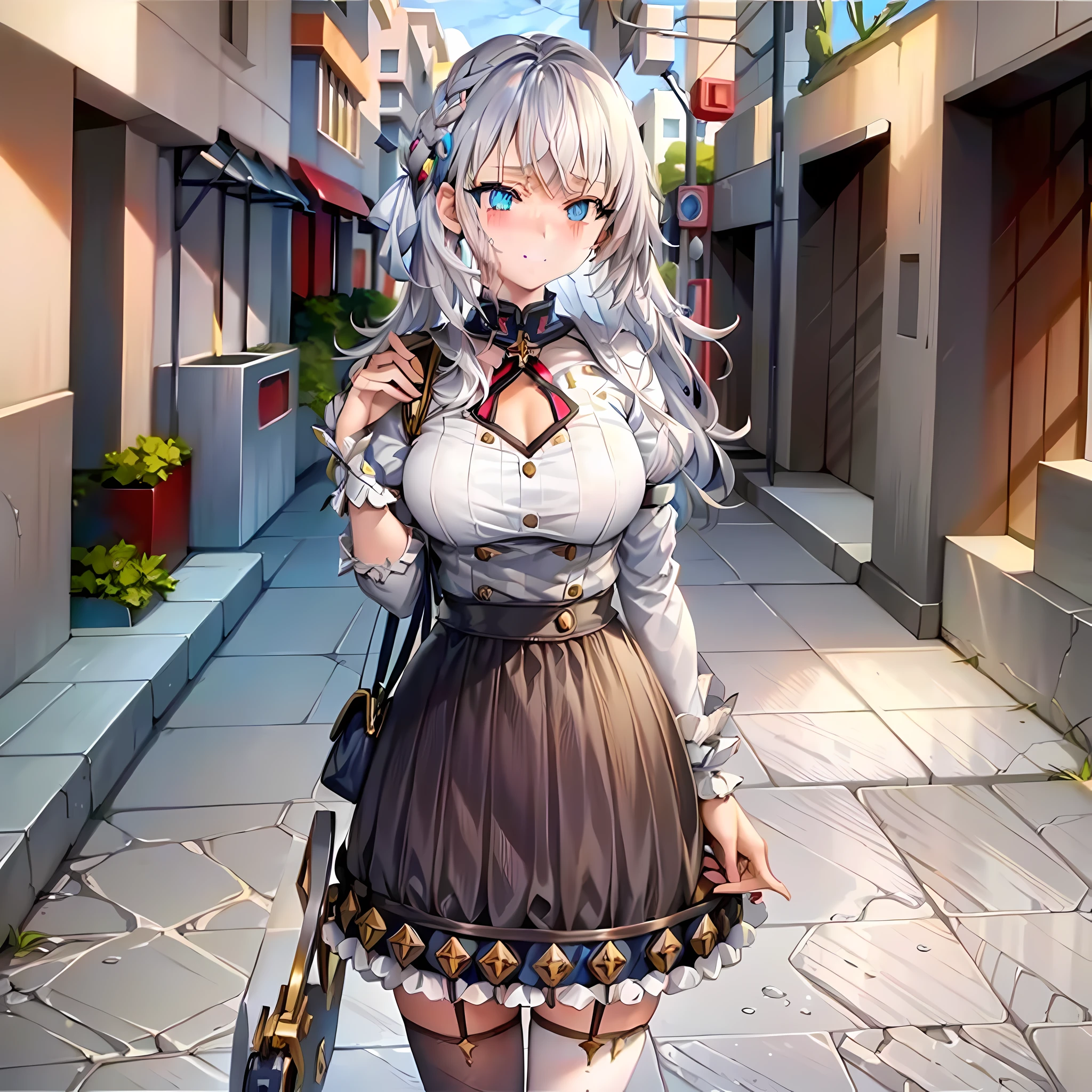 clothes reflecting light, (light diffraction on skin: 1.35), (glossy skin: 1.55), (iridescence effect: 1.55),anime, a woman with white hair and blue eyes smiling seductively is standing in a room, , process art, seductive anime girl, loli in dress, visual anime of a cute girl, girl with perfect white hair, anime moe artstyle,  fine details. Girls Frontline, From Girls Frontline, A Hyperrealistic Schoolgir, Anime Girl Wearing White Shirt with Blue Hair, Breasts, 1Girl, Neckline, Shirt, Long Hair, Blue Eyes, Drowning, Solo, White Shirt, Big Breasts, Wet, Wet Clothes, Blush, Short Sleeves, Bangs,(Masterpiece, Best Quality, Ultra-Detailed: 1.6), Illustration, (Solo, 1 Girl, Beautiful Detailed Eyes: 1.2), City, Street