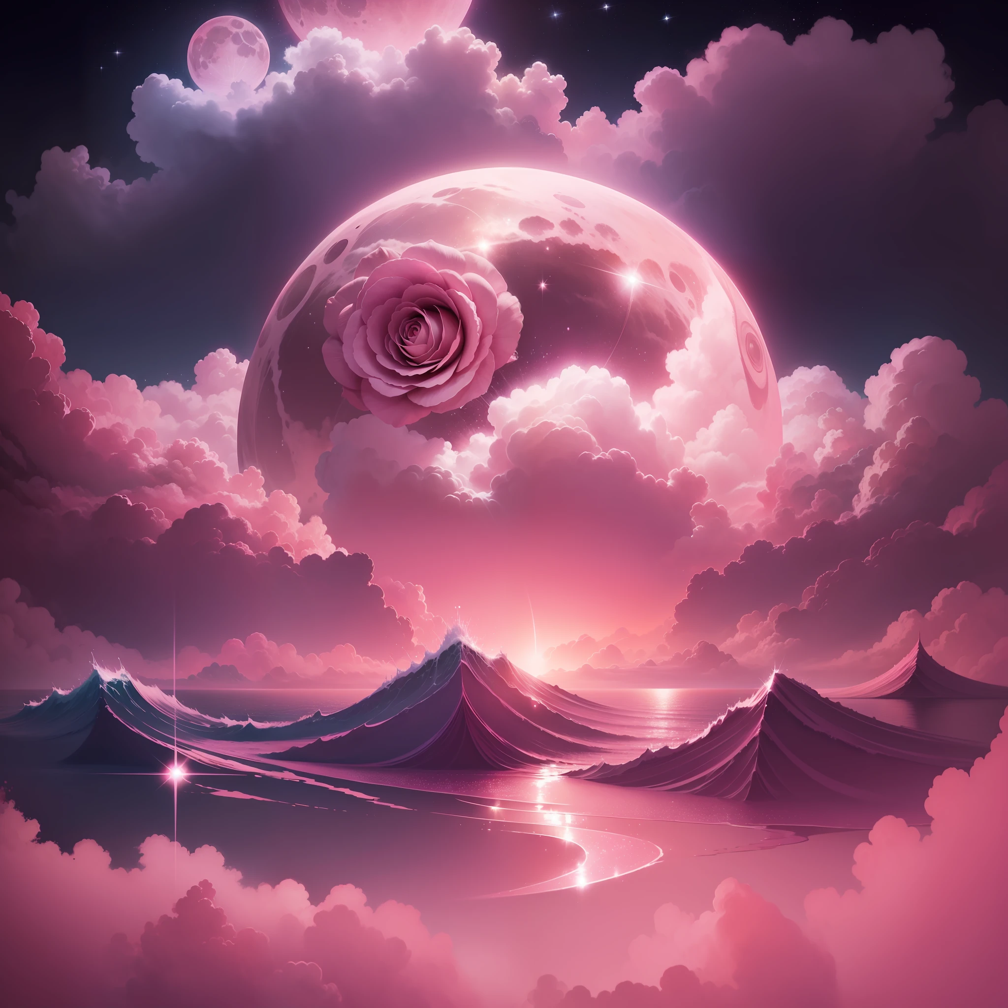 Pink moon, pink sky, soft pink clouds, pink ocean waves sparkling, sparkling, pink roses on pink ocean, fantasy, diamond, crown, universe, soft lights,