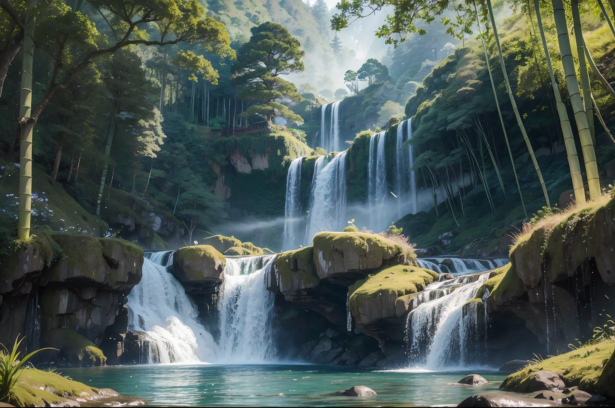 Masterpiece, best quality, 8K, high res, ultra-detailed, A scene of a waterfall cascading down a high cliff amongst lush greenery, adorned by vibrant flowers, towering pines, and delicate bamboo groves,no humans, sakura, beautiful view, ultra-detailed, fine detailed, highly detailed, intricate, highly detailed, ultra-detailed, scenery,no humans, lush green mountains, winding rivers, misty atmosphere, solitary, intricate details, delicate features, verdant trees, blooming flowers, druid's circle, soft moss, deep forest, intricate leaves and vines, wisps of light, still pool of water, pristine, verdant green, A picturesque scene of a waterfall cascading down a high cliff amongst lush greenery, adorned by vibrant flowers, towering pines, and delicate bamboo groves.