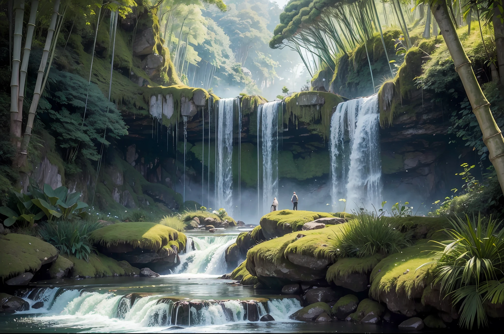 Masterpiece, best quality, 8K, high res, ultra-detailed, A scene of a waterfall cascading down a high cliff amongst lush greenery, adorned by vibrant flowers, towering pines, and delicate bamboo groves,no humans, sakura, beautiful view, ultra-detailed, fine detailed, highly detailed, intricate, highly detailed, ultra-detailed, scenery,no humans, lush green mountains, winding rivers, misty atmosphere, solitary, intricate details, delicate features, verdant trees, blooming flowers, druid's circle, soft moss, deep forest, intricate leaves and vines, wisps of light, still pool of water, pristine, verdant green, A picturesque scene of a waterfall cascading down a high cliff amongst lush greenery, adorned by vibrant flowers, towering pines, and delicate bamboo groves.