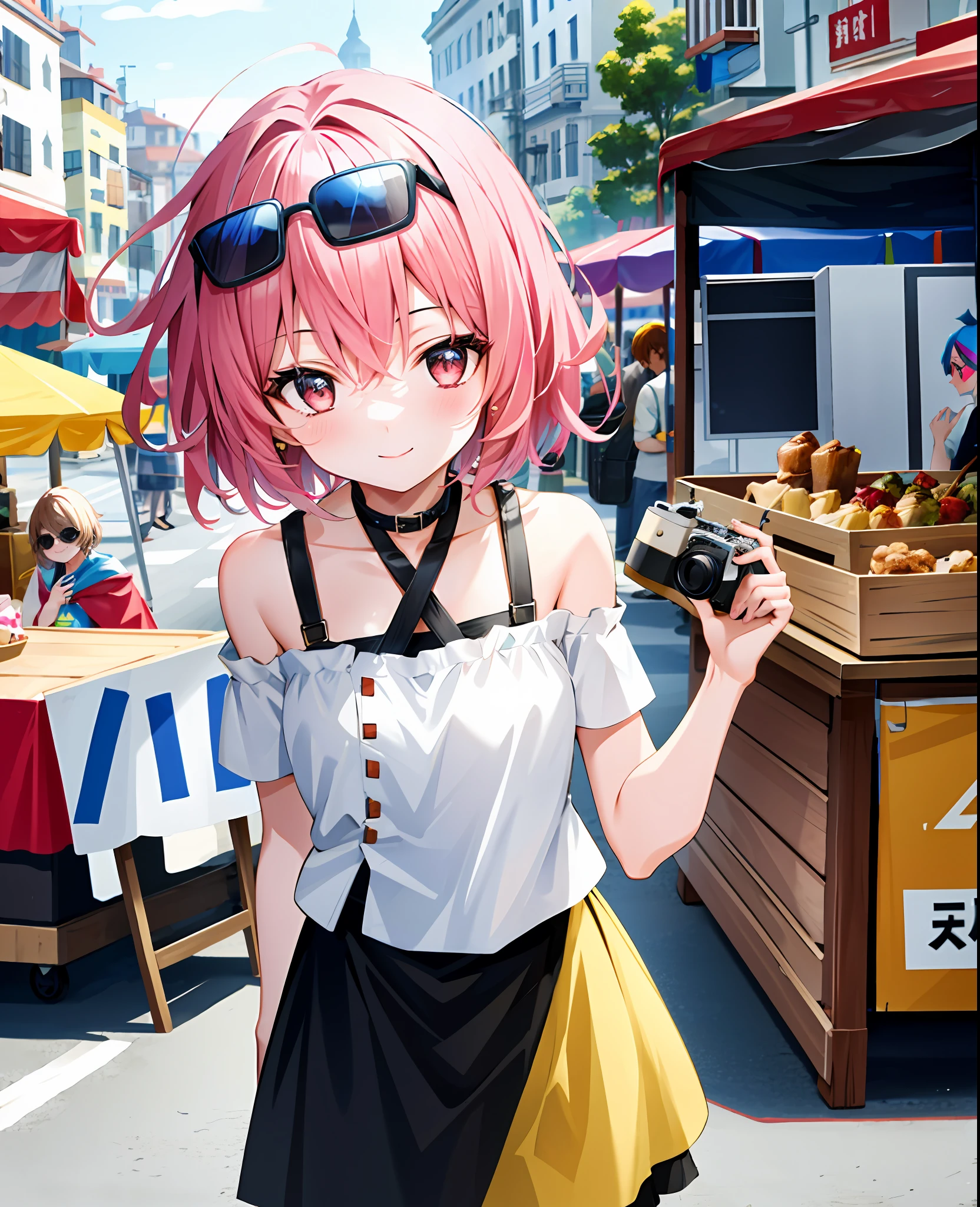 1girl, gradient hair, short hair, in a busy street with food stalls, colorful, smiling, blushing, tourist, has camera, bare shoulders, city, sunglasses on head