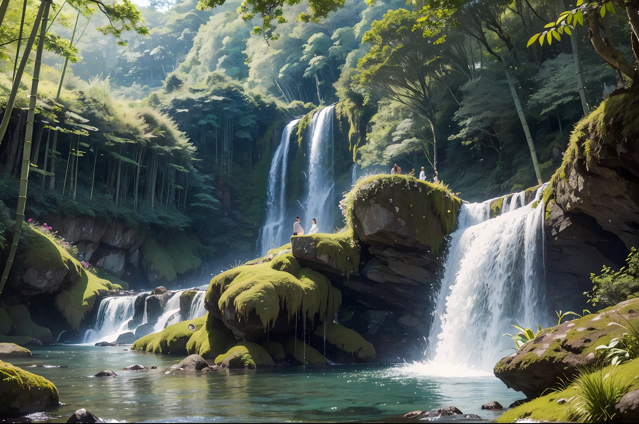 Masterpiece, best quality, 8K, high res, ultra-detailed, A scene of a waterfall cascading down a high cliff amongst lush greenery, adorned by vibrant flowers, towering pines, and delicate bamboo groves,no humans, sakura, beautiful view, ultra-detailed, fine detailed, highly detailed, intricate, highly detailed, ultra-detailed, scenery,no humans, lush green mountains, winding rivers, misty atmosphere, solitary, intricate details, delicate features, verdant trees, blooming flowers, druid's circle, soft moss, deep forest, intricate leaves and vines, wisps of light, still pool of water, pristine, verdant green, A picturesque scene of a waterfall cascading down a high cliff amongst lush greenery, adorned by vibrant flowers, towering pines, and delicate bamboo groves.