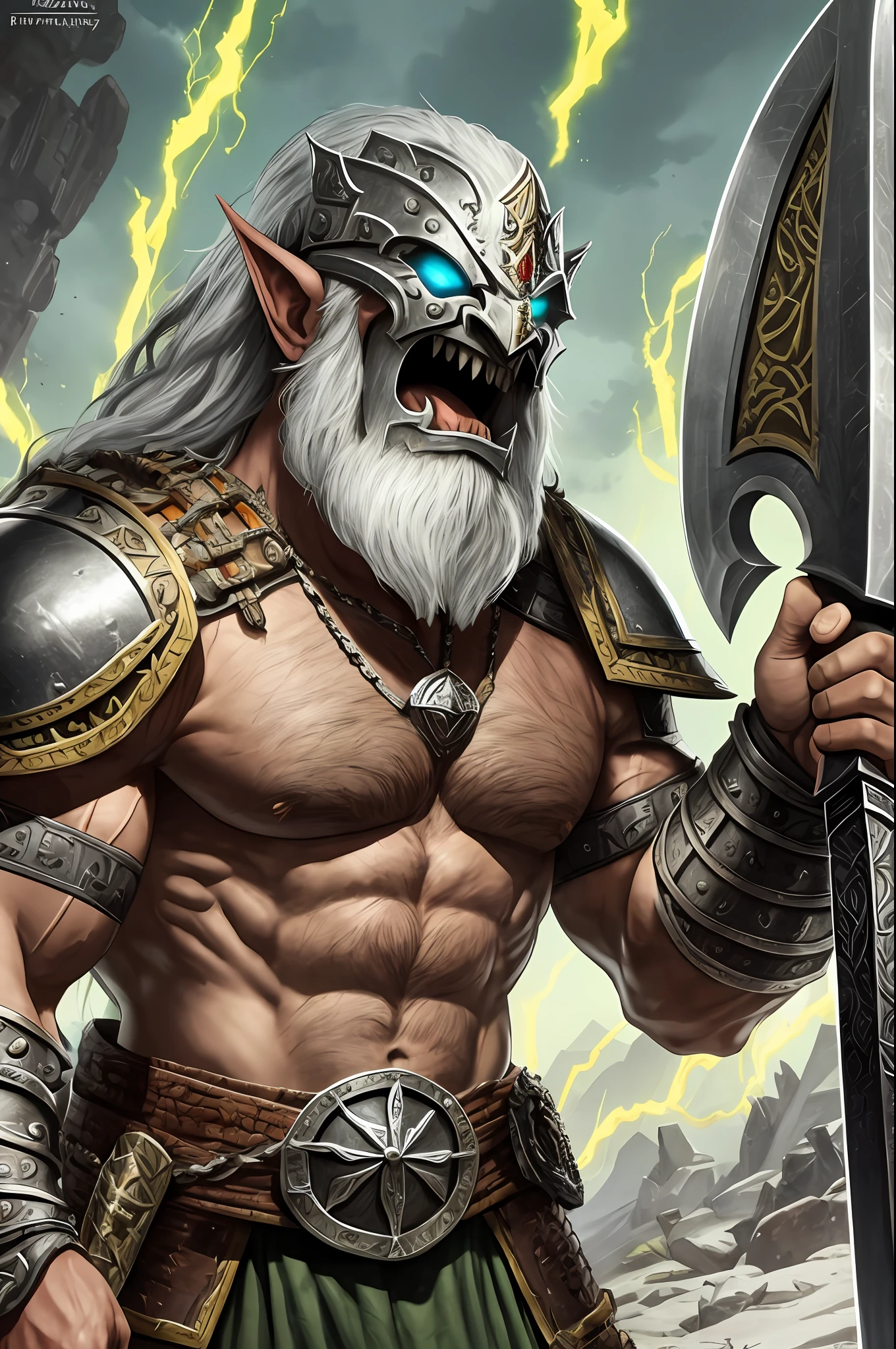Orsimer War Leader He is a fierce and ruthless warrior, who commands the respect and loyalty of his soldiers. He was born in the fortress of Orsinium, where he learned the art of battle and forging from an early age. He has heavy armor of metal and leather, adorned with symbols of his tribe and Malacath, the patron god of orcs. He wields a huge, sharp war axe, which he uses to crush his enemies with brutal blows. He has an olive green skin, a thick, braided beard, and prominent fangs. He has a stern and determined look, which reflects his proud and honorable personality. He is a born leader who inspires his warriors to fight with courage and discipline. He is an orsimer war leader, and he fears nothing and no one. Add Battle Axe and blood on the face, the Orsimer is a bloodthirsty org, the ear is pointy and he is green; --auto --s2