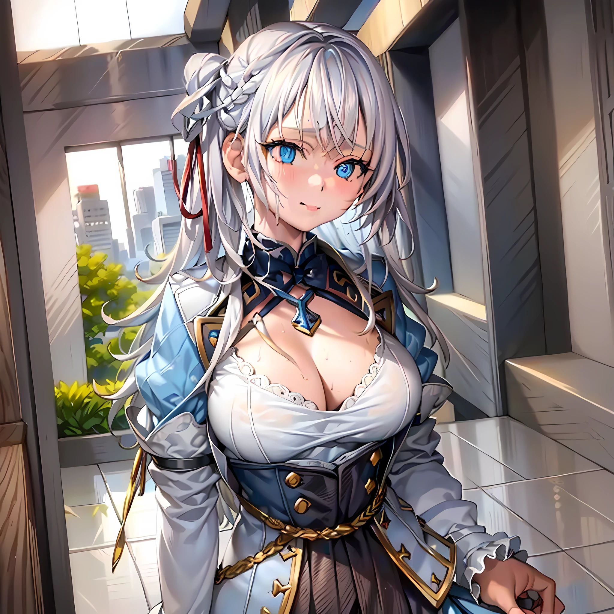 clothes reflecting light, (light diffraction on skin: 1.35), (glossy skin: 1.55), (iridescence effect: 1.55),anime, a woman with white hair and blue eyes smiling seductively is standing in a room, , process art, seductive anime girl, in dress, visual anime of a cute girl, girl with perfect white hair, anime moe artstyle, fine details. Girls Frontline, From Girls Frontline, A Hyperrealistic Schoolgir, Anime Girl Wearing White Shirt with Blue Hair, Breasts, 1Girl, Neckline, Shirt, Long Hair, Blue Eyes, Drowning, Solo, White Shirt, Big Breasts, Wet, Wet Clothes, Blush, Short Sleeves, Bangs,(Masterpiece, Best Quality, Ultra-Detailed: 1.6), Illustration, (Solo, 1 Girl, Beautiful Detailed Eyes: 1.2), City, Street