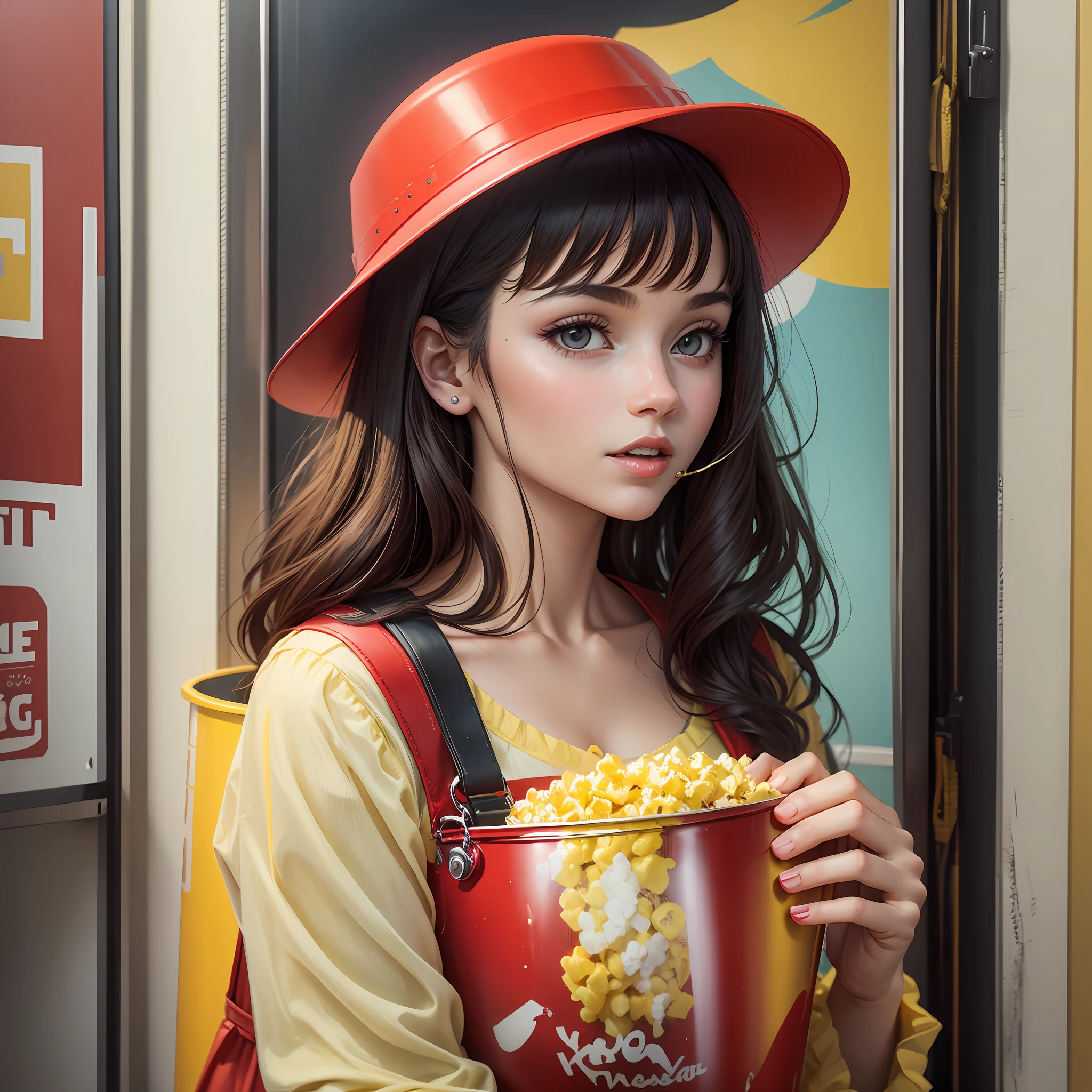 Young woman in red dress eating popcorn in a yellow bucket written POP4Ü --auto --s2