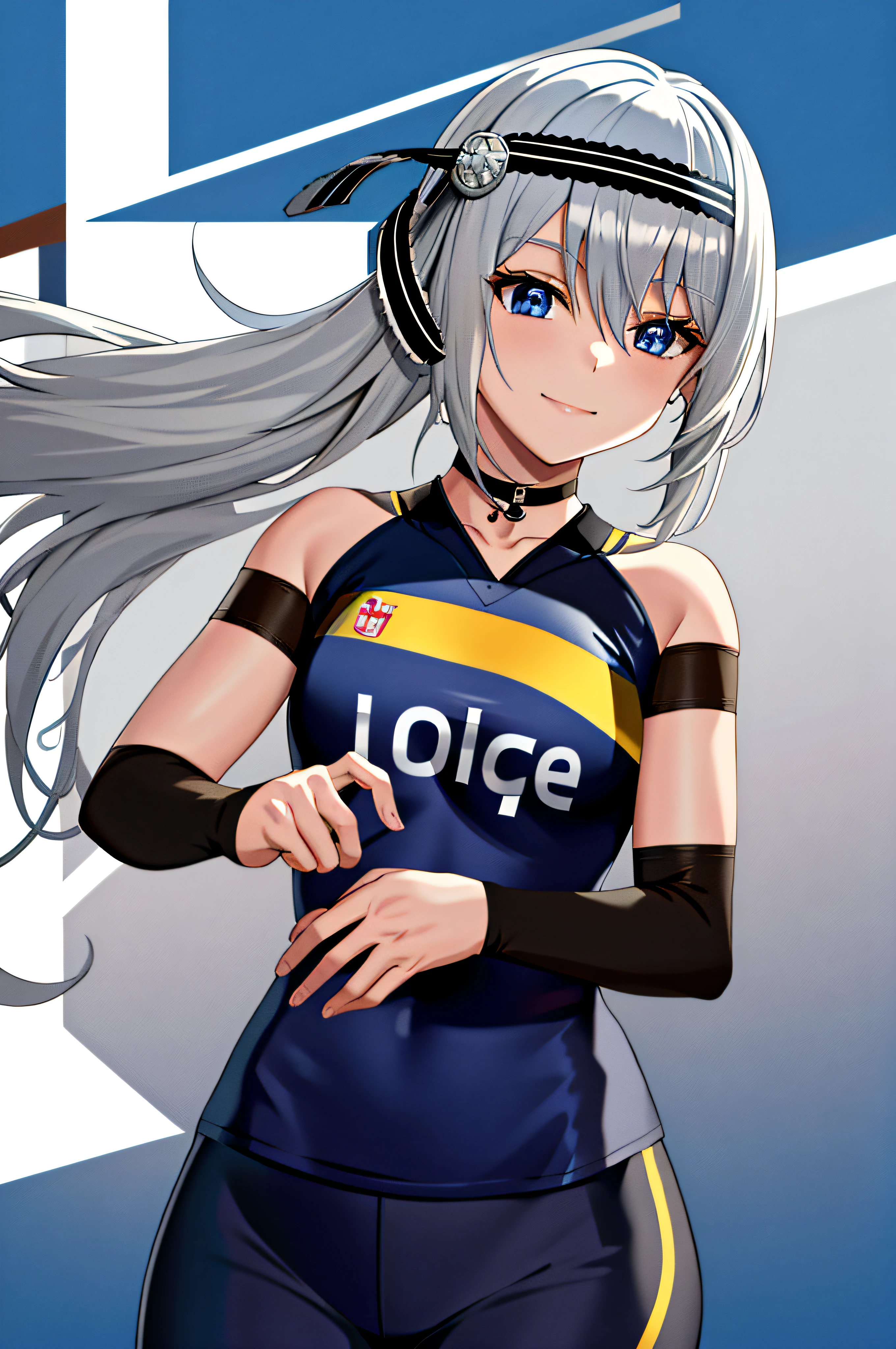 masterpiece, best quality, highres, kei1, 1girl, solo, blue eyes, long hair, wears a venezuelan football uniform, ribbon, bangs, collarbone, gray hair, black hair band, neck ribbon, hair between eyes, medium breasts, cowboy shot, smile