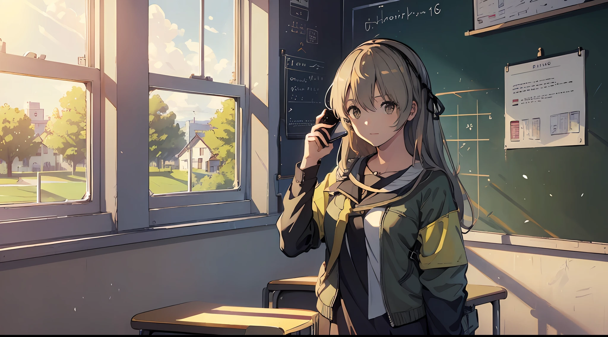 (((High quality))), beautiful illustrations, realistic VR HD wallpaper, ((Theme: 1 girl, Features: holding a mobile phone, Main scene: School, Details: Classroom)), dynamic angle, sunny day, warm light.