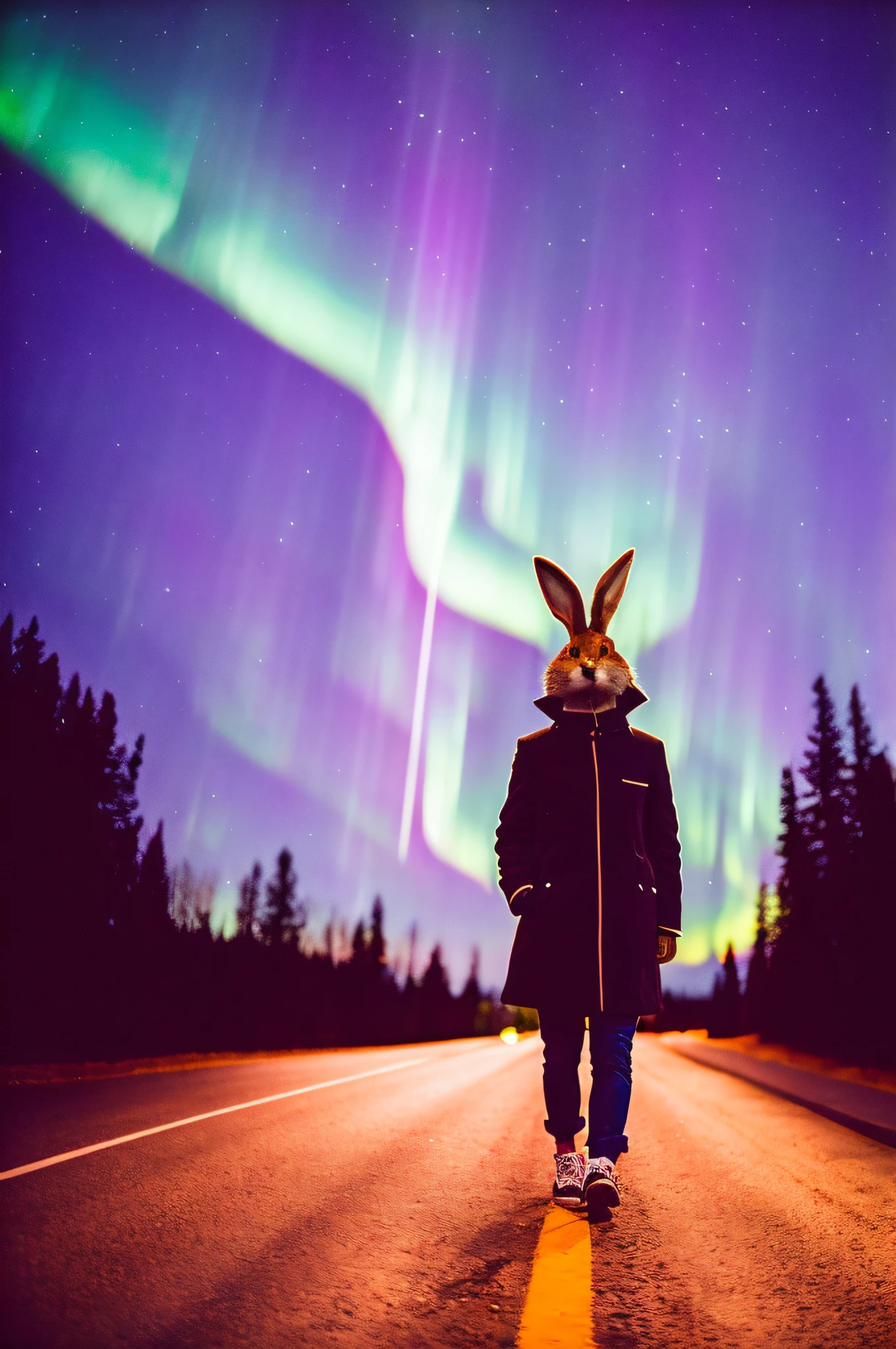 a mand dressed like a bunny rabbit walking on a road at night with northern lights in the sky, photography, vintage, film camera, 35mm