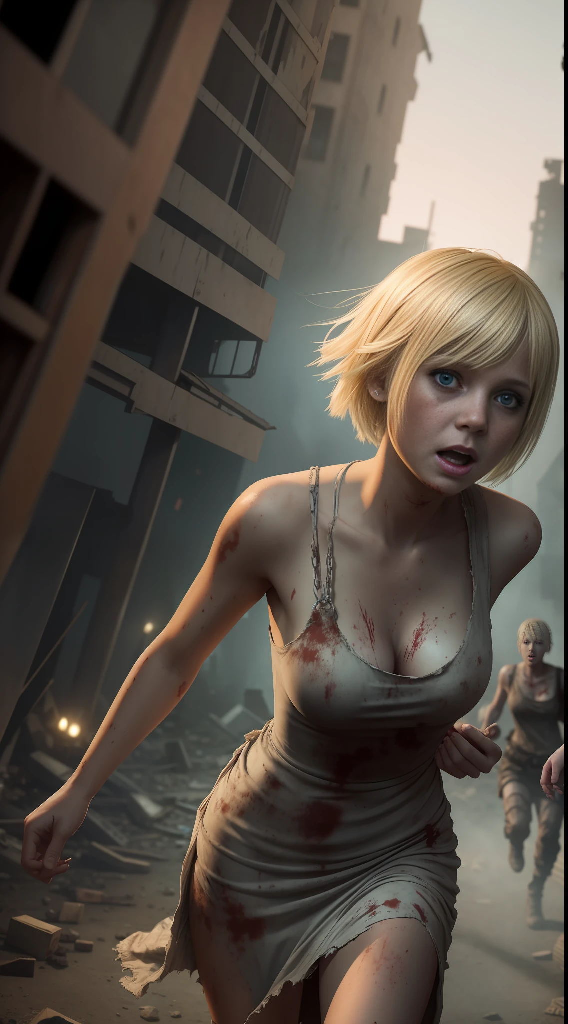 Injured 18 year old blonde girl with short hair,long dress totally torn and dirty, running away from 5 zombies in a post apocalyptic building at night in the dark,8k extremely realistic raw photo, bottom to top angle, whole body, surrounded by 5 aggressive zombies