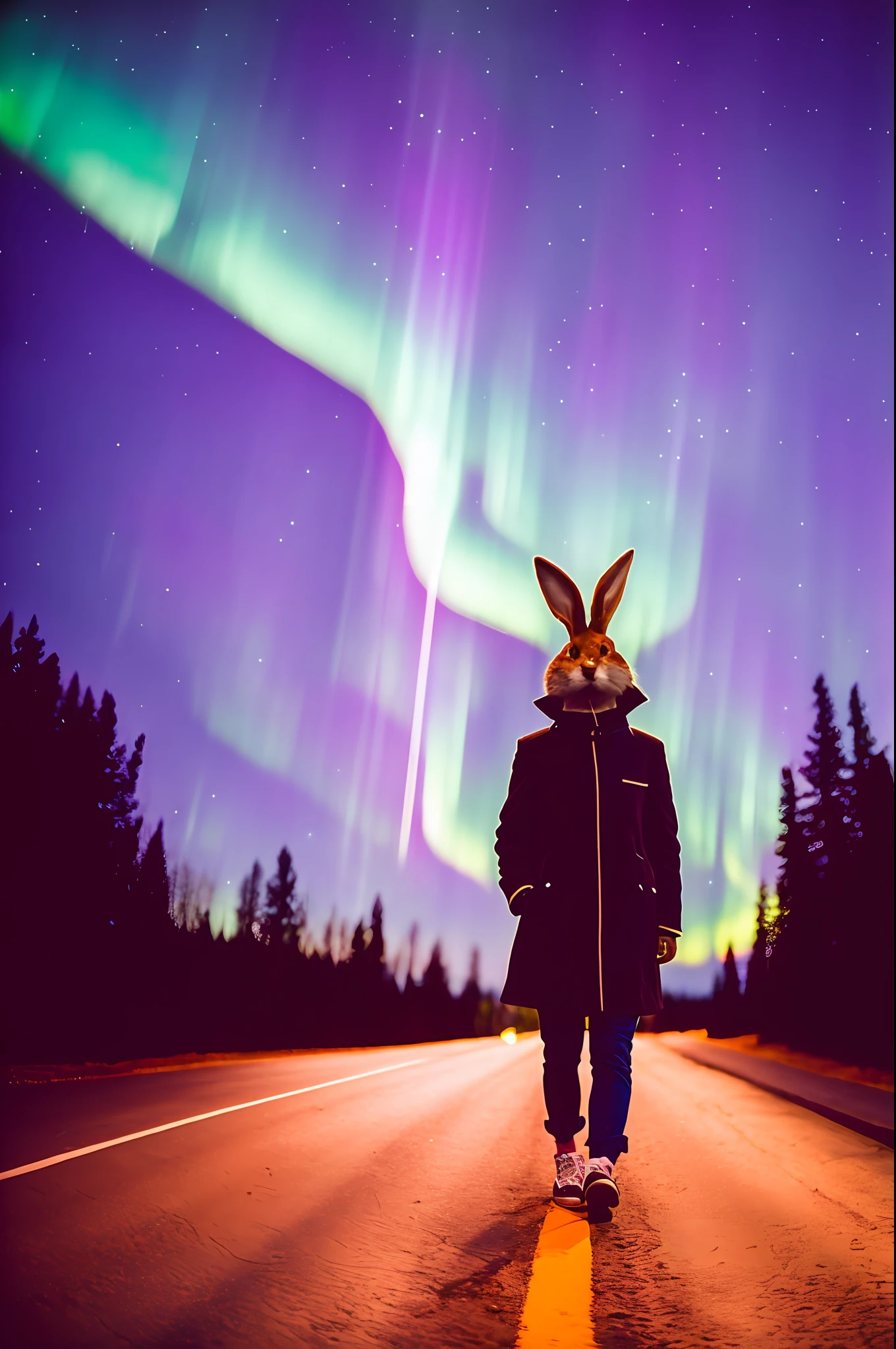 a mand dressed like a bunny rabbit walking on a road at night with northern lights in the sky, photography, vintage, film camera, 35mm