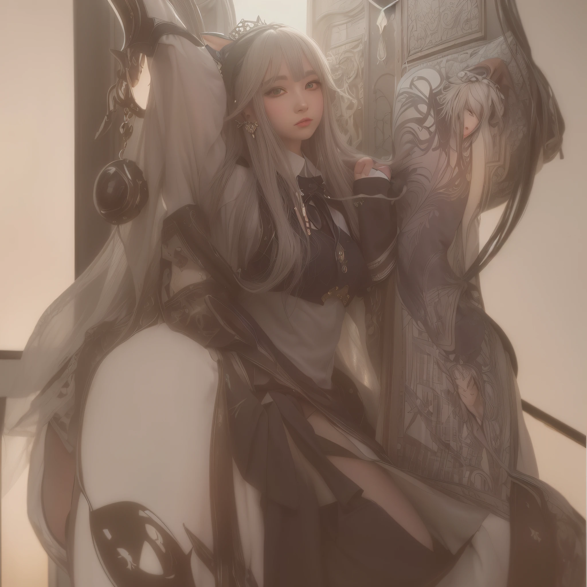 Close-up of a woman with long hair and cat ears, (((Beautiful Fantasy Queen)), Beautiful Elegant Elf Queen, Guvitz, Ethereal Beauty, Beautiful Fantasy Queen, Guvez style artwork, Beautiful character painting, Beautiful fantasy anime, Anime goddess, Fantasy art style, White Haired God, 8K High Quality Detail Art, Surreal Schoolgirl, JK Uniform, Schoolgirl, Sakimichan, Surreal Schoolgirl, Magic School Uniform, Japanese School Uniform, Style Anime, Wearing School Uniform, Shikamimi, realistic schoolgirl