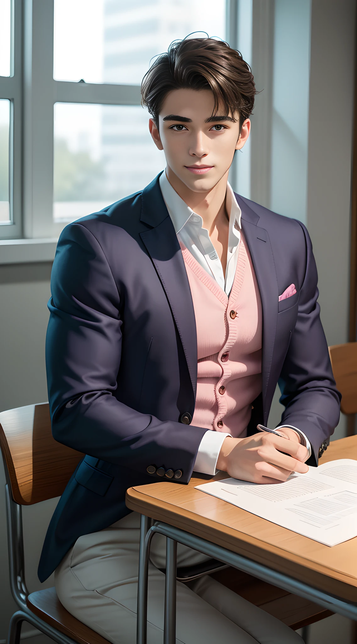 (handsome high school muscular boy), handsome muscular high school man in the classroom of high school,  he wears high school Blazer of the checked pattern of pink & white, mischievous smile, (details: 1 1), natural muscles, high quality, beautiful eyes, (detailed face and eyes), ( No face: 1 2), noise, real photo、... PSD, Sharp Focus, High Resolution 8k, Real & Professional Photography, 8K UHD, Soft Lighting, High Quality, Film Grain, FUJIFILM XT3