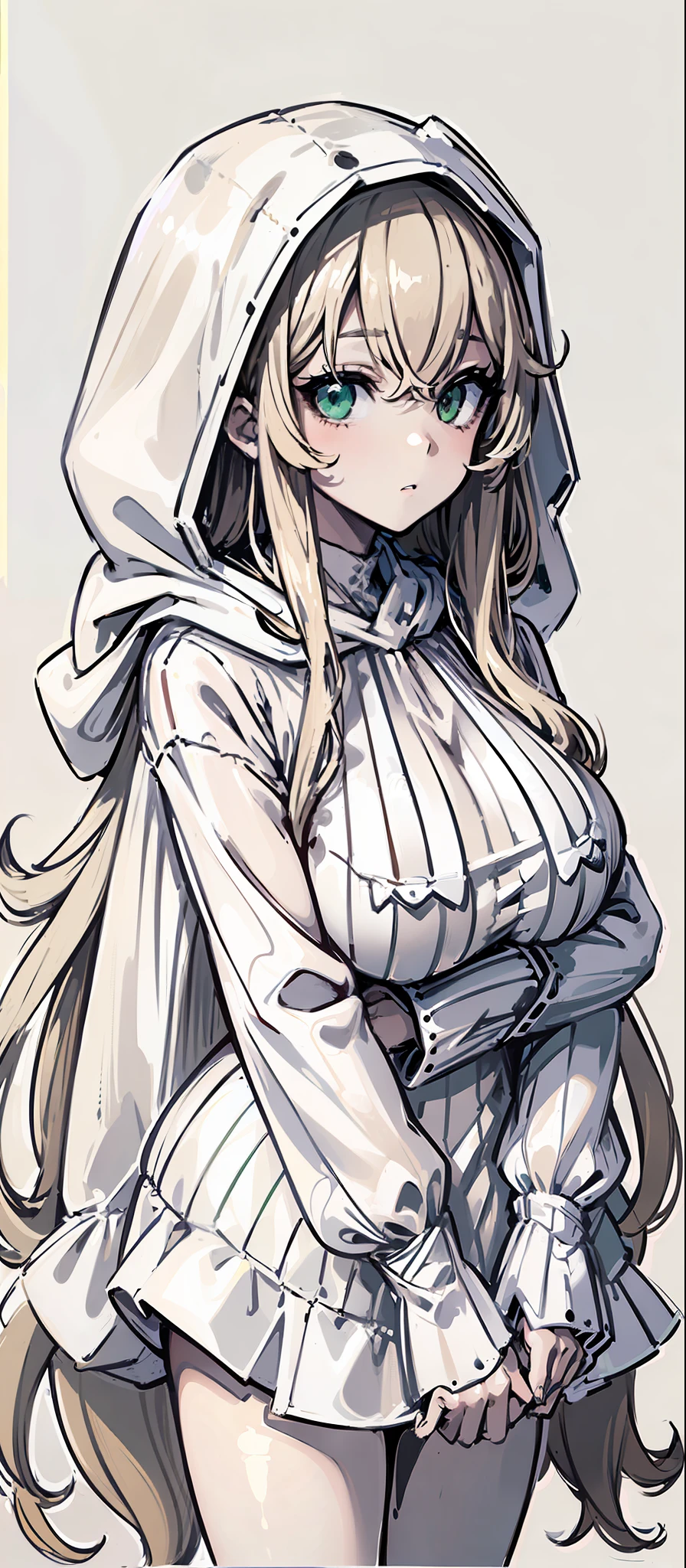 ((masterpiece, illustration, strong contours 1girl, solo, sharp focus, 8k, ultra-detailed)), (blonde beige hair:1.3), ((li, huge breasts)), long hair, very long hair, green eyes, dark green eyes, selfie, portrait, focus on face, (oversized hood, monochrome white hood:1.3), beautiful, digital art, beautiful, perfection, ((transparent background, monochrome background))