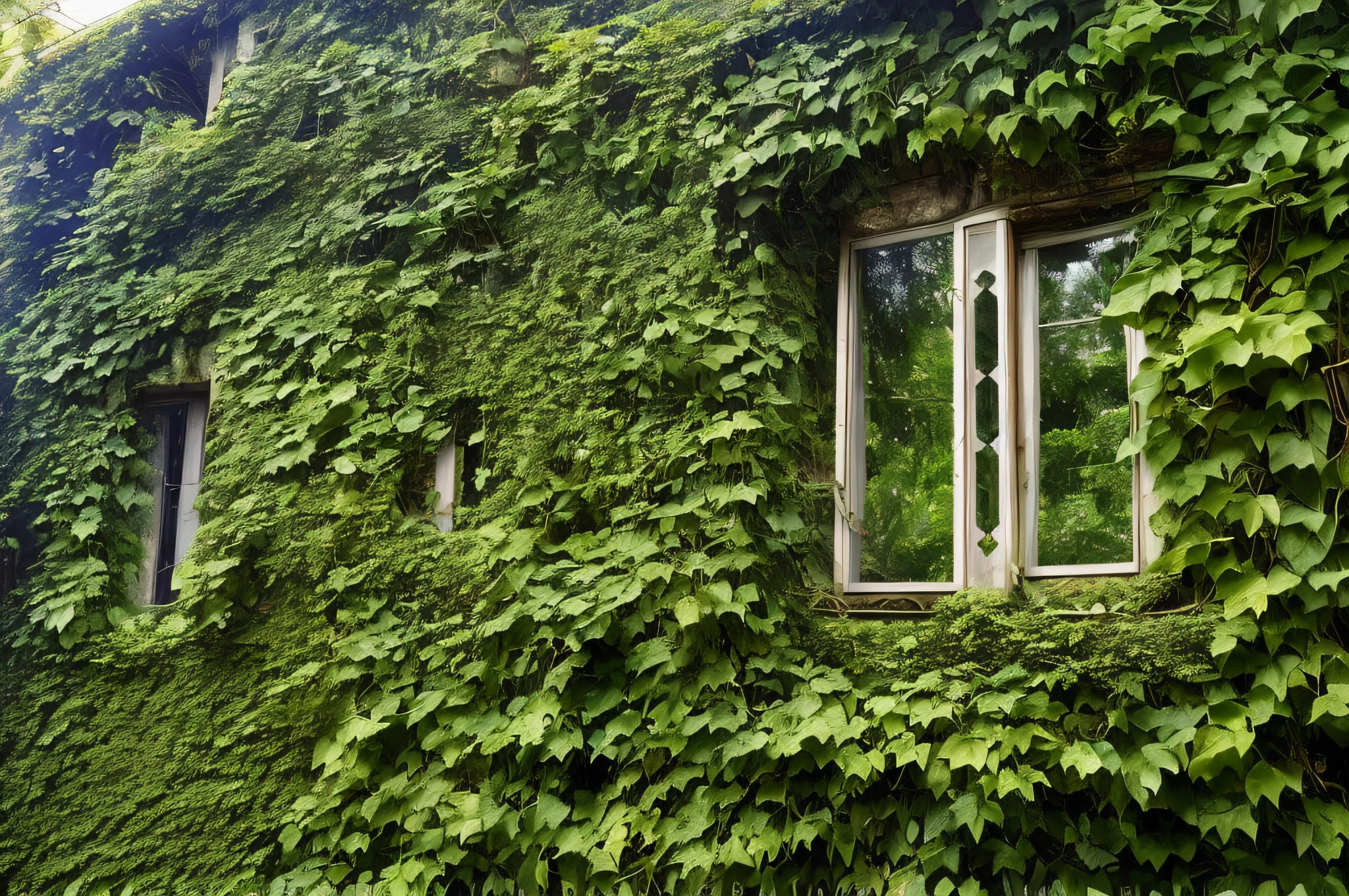 arafed ivy covered building with a window and a clock on the outside, walls are covered with vines, overgrown with lush vines, overgrown ivy plants, overgrown with vines, completely overgrown with vines, vines on the walls, overgrown with lush plants, vine covered, clad in vines, overgrown with plants, overgrown greenery