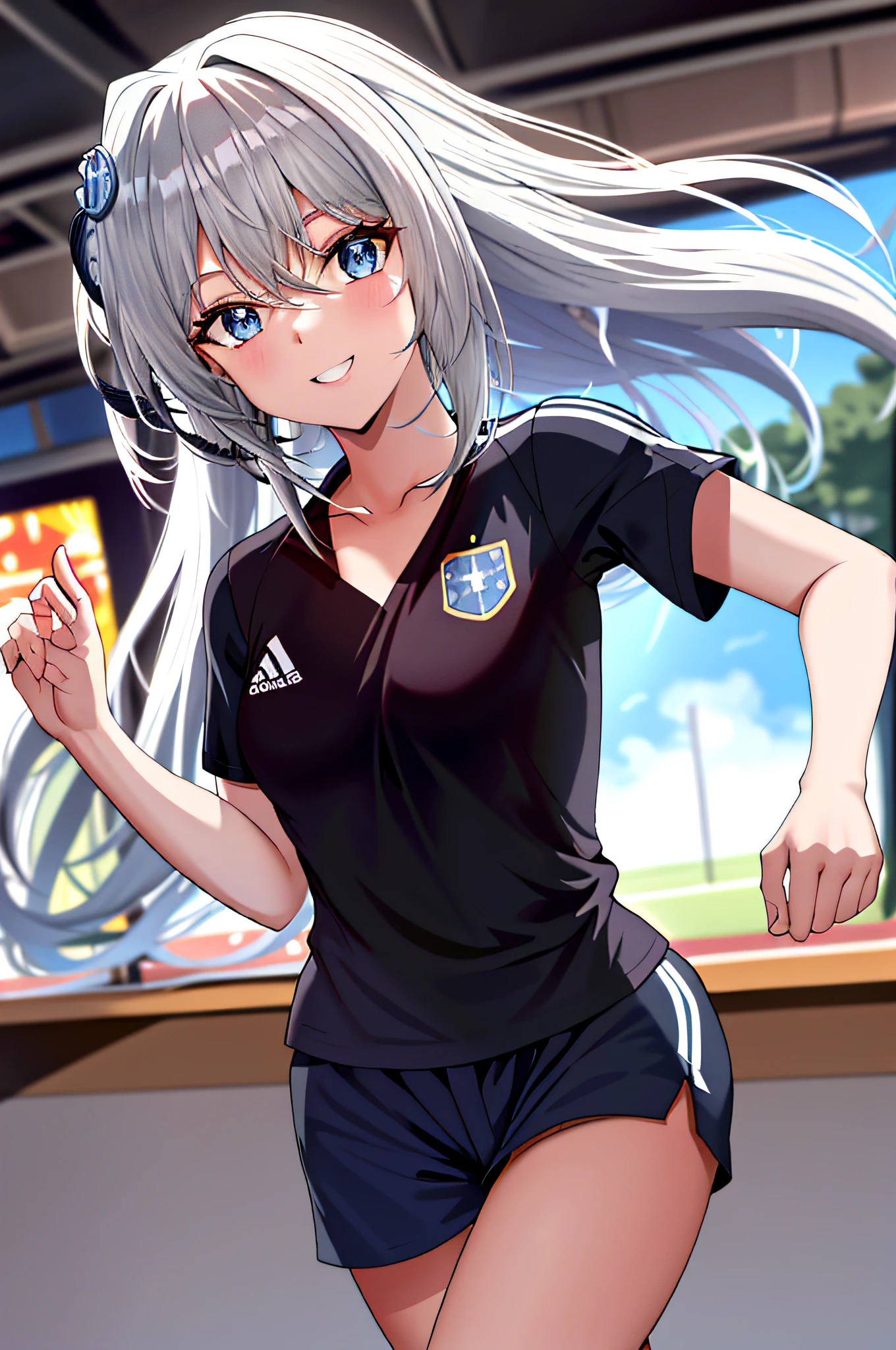 masterpiece, best quality, highres, kei1, 1girl, solo, blue eyes, long hair, (wears a Venezuelan football uniform that is called Vino red), ribbon, bangs, collar bone, (She has hair like a cabal tail), gray hair, black hair band, neck ribbon, hair between eyes, medium-sized breasts, cowboy shot, smile, this on a football field, Complete eScenario detallado