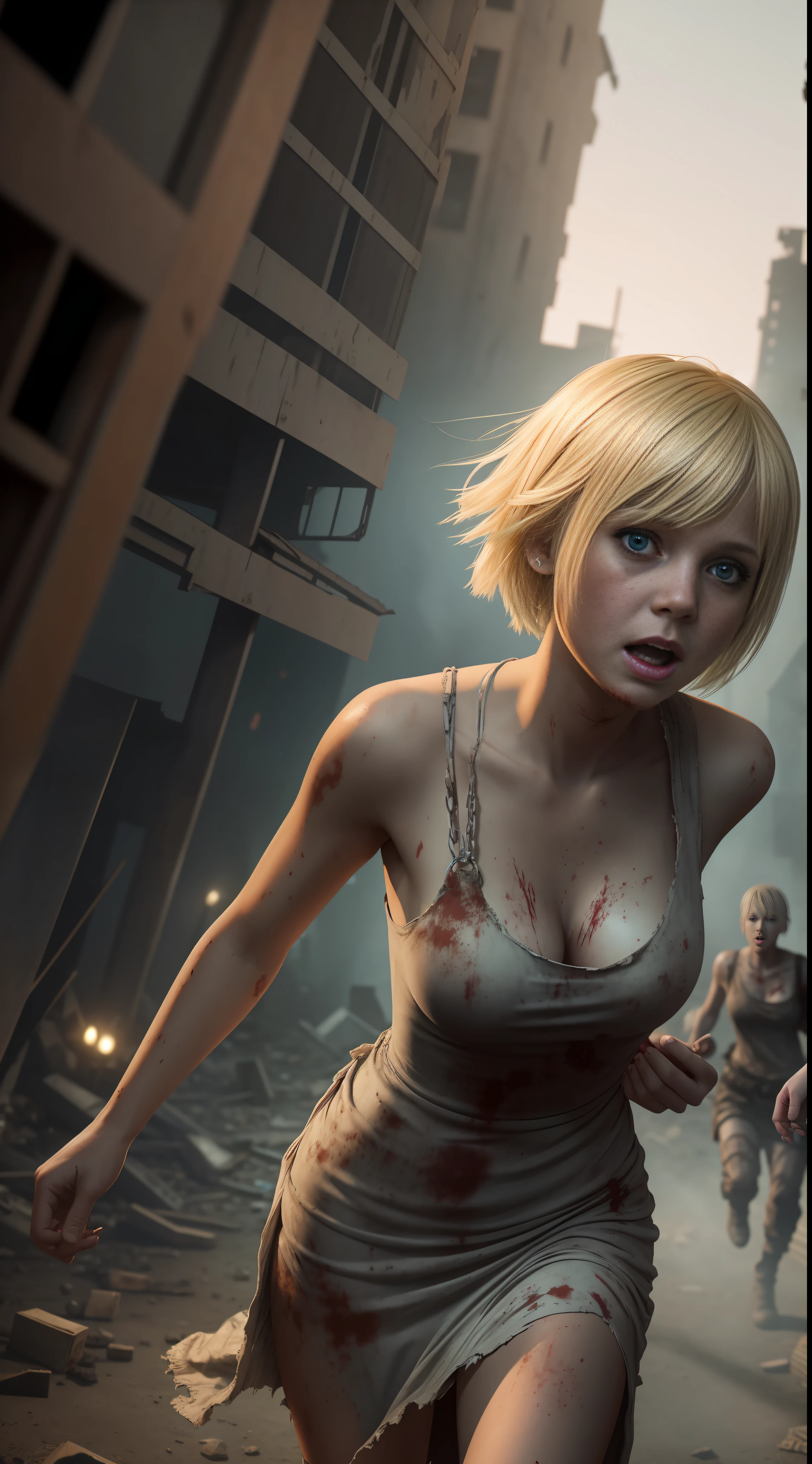 Injured 18 year old blonde girl with short hair,long dress totally torn and dirty, running away from 5 zombies in a post apocalyptic building at night in the dark,8k extremely realistic raw photo, bottom to top angle, whole body, surrounded by 5 aggressive zombies