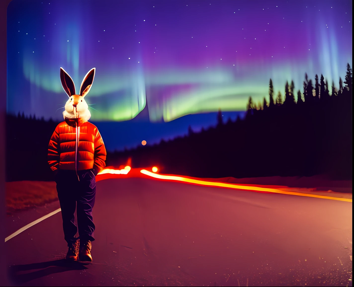 a mand dressed like a bunny rabbit walking on a road at night with northern lights in the sky, photography, vintage, film camera, 35mm, creepy