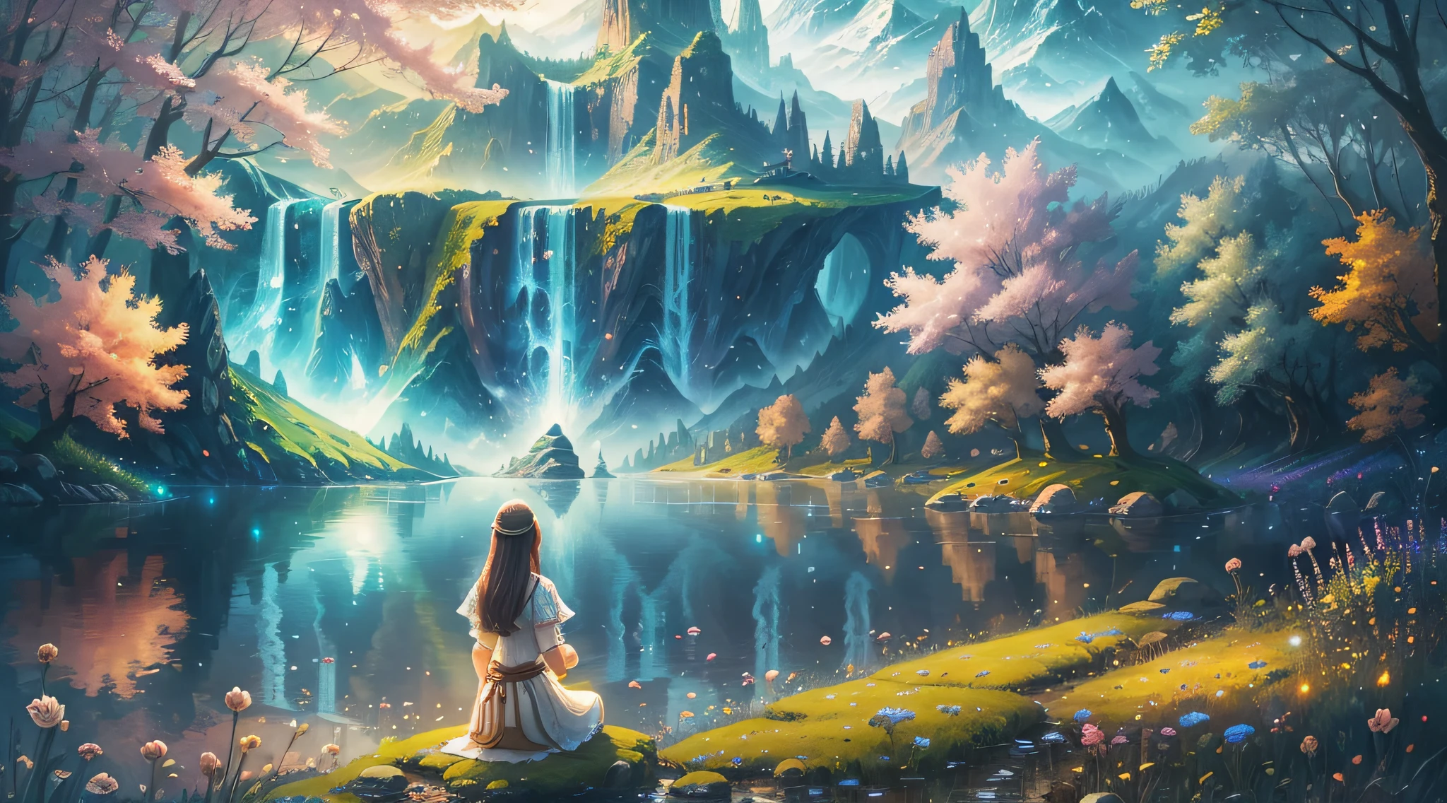 relaxing landscape, fantasy, magic, magical world, masterpiece, best quality, 1 girl, realistic, real life, 4k, camera, digital art, color combination, natural light, zen vibrations, balance, calm, love --auto --s2