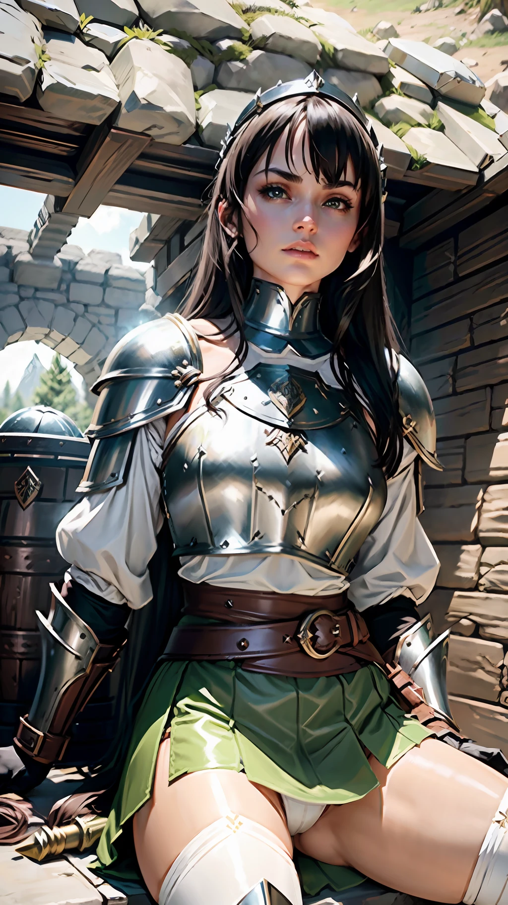 Warrior brunette, armor, medieval fantasy, D&d, RPG, ultra realistic, ultra detailed, best quality, 8k, wallpaper, steel breastplate, steel gauntlets, steel gloves, sitting, short skirt, green skirt, tiny panties, tight panties, white panties, panty view, upskirt, cameltoe, pantyshot, RAW,