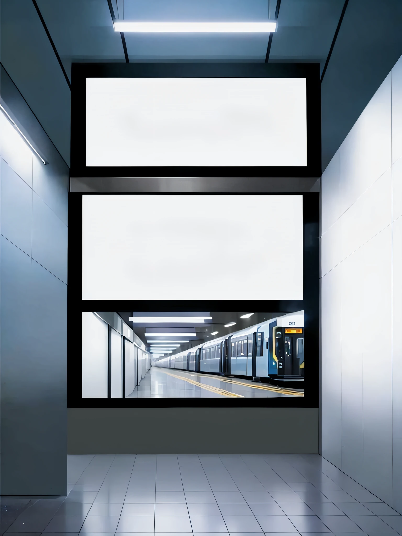 picture of a blank billboard in a public space, vertical movie frame, large vertical blank spaces, movie poster with no text, light frame, metal framed portal, panel of black, plasma display, inside a frame on a dark grey tiled wall, full view blank background, black border, blank background, screens, white space in middle, black oled background, New Zealand metro subway.