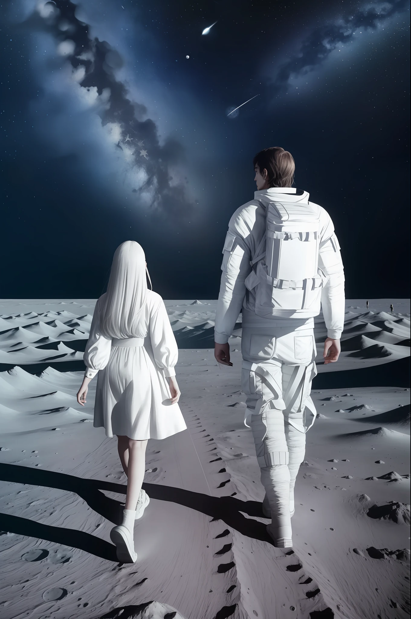 A couple of lovers walking on the moon and contemplating the vast outer space with stars and comets, masterpiece, best quality, ultra-detailed, floating scene, light white clothes, loose hair, lightly embraced air, soft light, melancholic feelings.