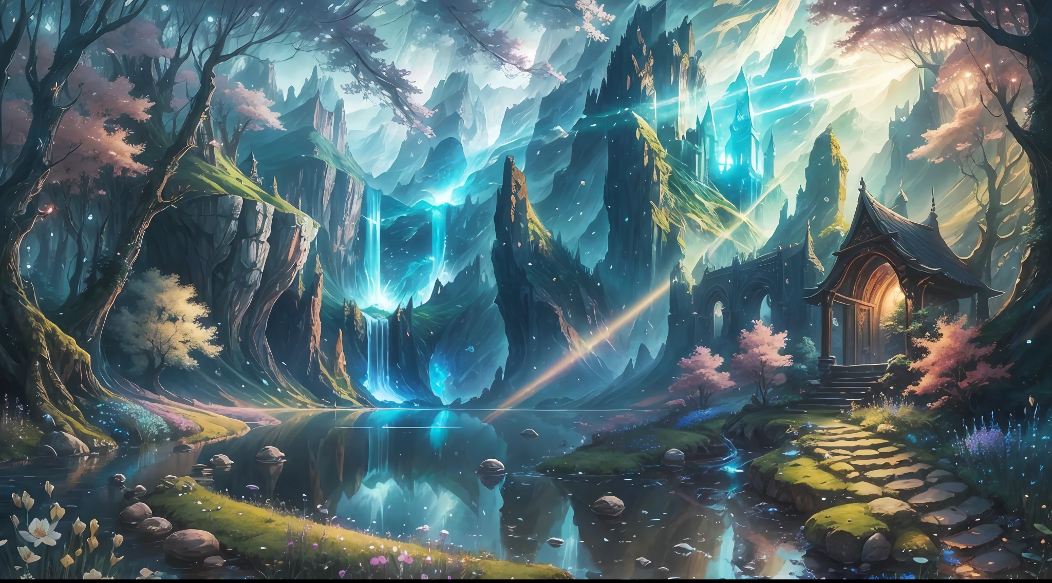relaxing landscape, fantasy, magic, magical world, masterpiece, best quality, 1 girl, realistic, real life, 4k, camera, digital art, color combination, natural light, zen vibrations, balance, calm, love --auto --s2