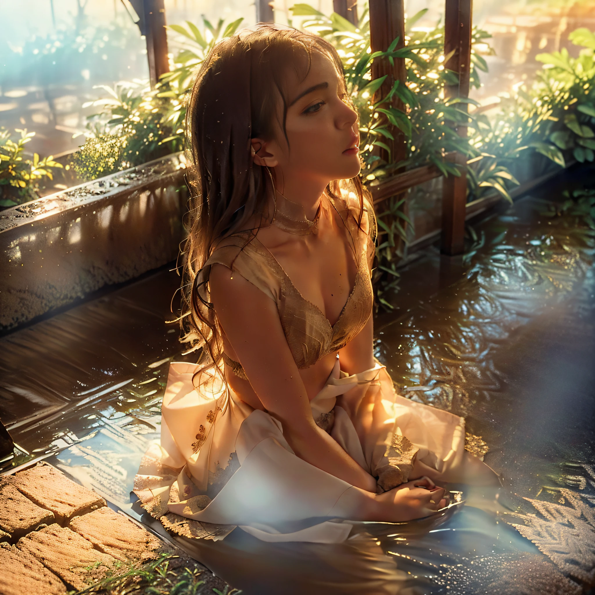 lovers, wet, godrays, cozy, wet skin, morning dew, backlighting, hazy, golden hour, morning light, erotic mood, alone, countryside, shy, masterpiece, best quality, ultra-detailed, solo, smoke, shadows, contrast, close-up, cinematic light, side lighting, ultra high resolution, best shadow, RAW, 4k, sexy