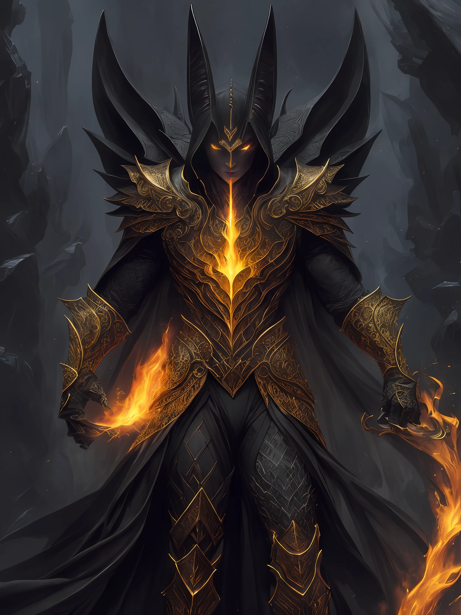 Output: (high quality oil painting), realism, jewelry nobility, dynamic right-hand dynamic pose, mysterious gates of hell, burning like flames, dark yet beautiful underworld graphics, mythical character Anubis, the entire body covered with golden scales highlighting the lines and forms of strong muscles, cinematic dynamic poses and dramatic camera angles, fine textures of black gold armor and calm effect of black gold cloak, accurate proportions and human anatomy are presented in the picture, and the award-winning masterpiece of centered composition is yearning.