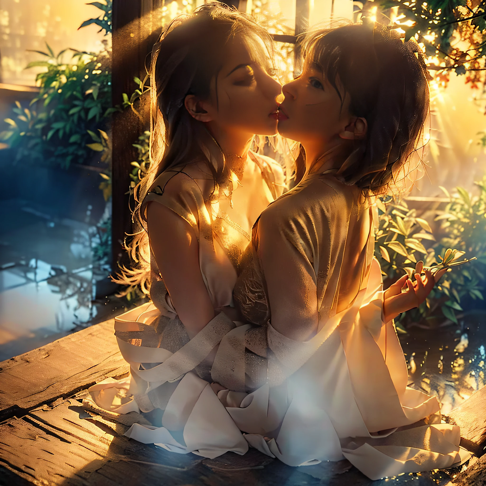 lovers, wet, godrays, cozy, wet skin, morning dew, backlighting, hazy, golden hour, morning light, erotic mood, alone, countryside, shy, masterpiece, best quality, ultra-detailed, solo, smoke, shadows, contrast, close-up, cinematic light, side lighting, ultra high resolution, best shadow, RAW, 4k, sexy