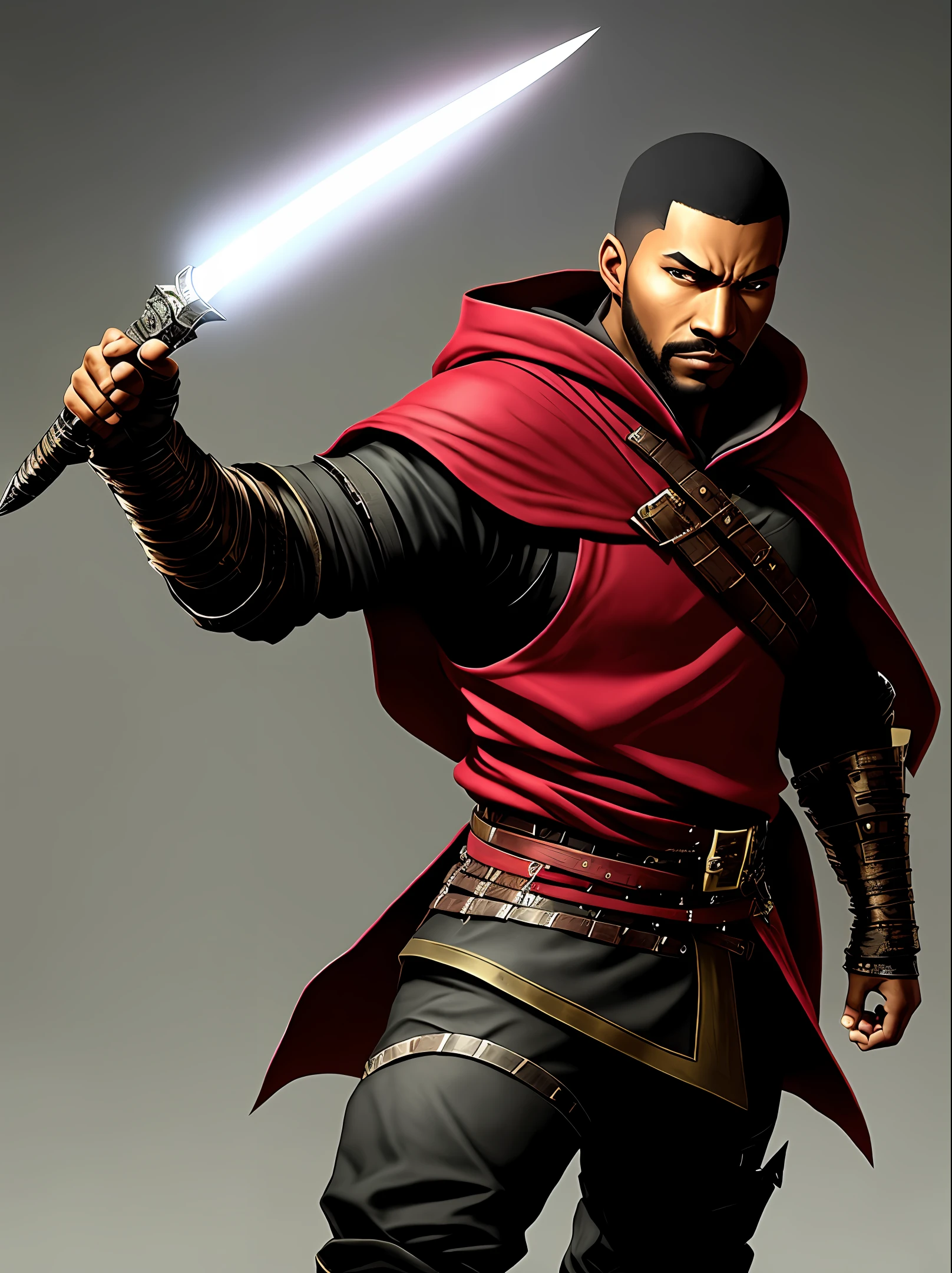 Redguard Master of the Daggers

He is a skilled and discreet assassin who specializes in eliminating his targets quickly and accurately. He was born in the city of Sentinel, where he joined the thieves' guild and learned the art of theft and stealth. He has become a master of daggers, which he uses to attack his enemies from the back or throat. He wears a light armor of leather and fabric, which allows him to move with agility and silence. He has a hooded cape, which he wears to hide his face and his identity. He carries two curved, sharp daggers, which he keeps hidden in his sleeves or in his boots. He has brown skin, short, dark hair, and attentive brown eyes. He has a calm and confident expression, which reflects his astute and pragmatic personality. He is a redguard master of daggers, and he leaves no trace or witnesses.