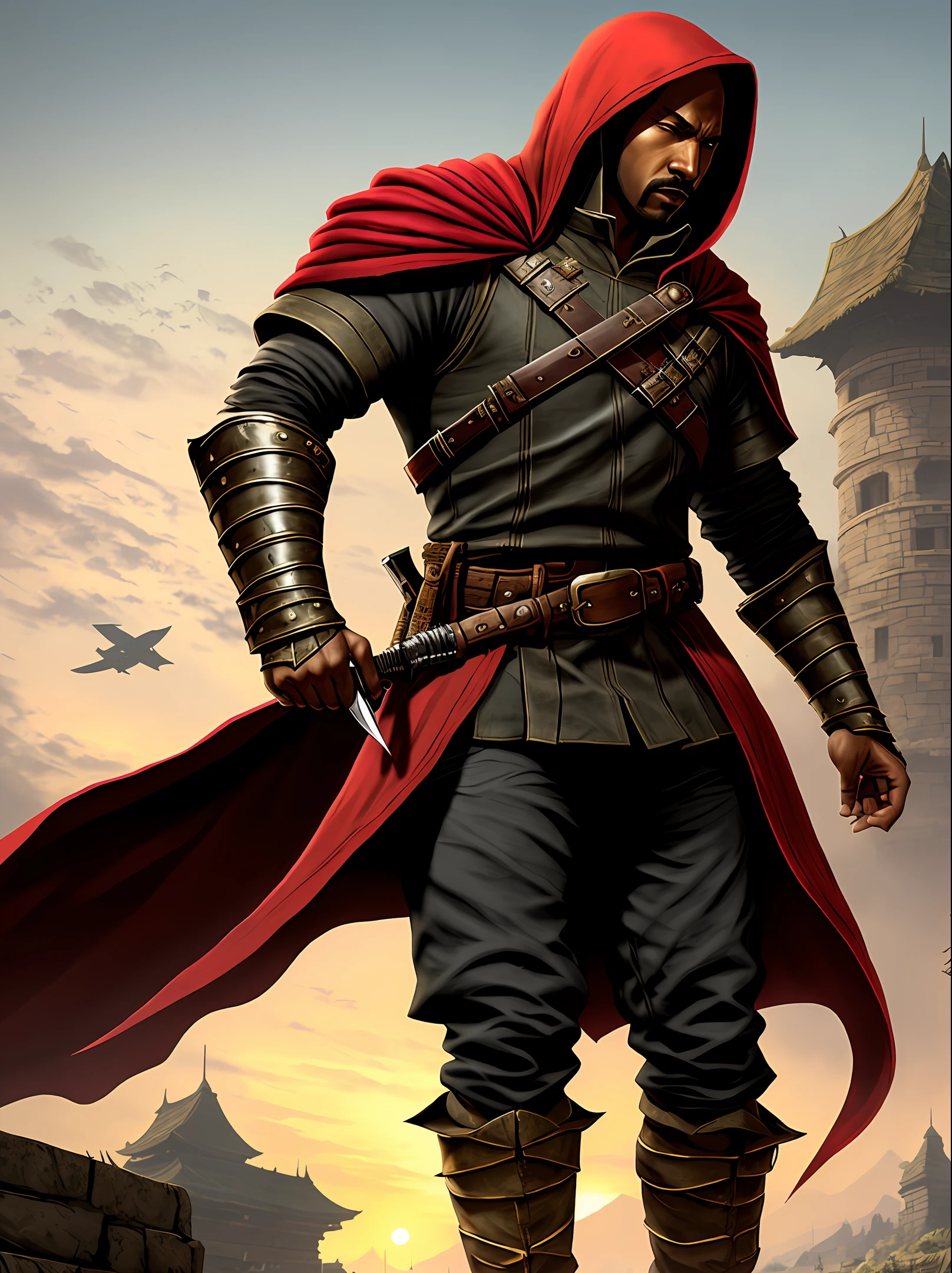 Redguard Master of the Daggers
He is a skilled and discreet assassin who specializes in eliminating his targets quickly and accurately. He was born in the city of Sentinel, where he joined the thieves' guild and learned the art of theft and stealth. He has become a master of daggers, which he uses to attack his enemies from the back or throat. He wears a light armor of leather and fabric, which allows him to move with agility and silence. He has a hooded cape, which he wears to hide his face and his identity. He carries two curved, sharp daggers, which he keeps hidden in his sleeves or in his boots. He has brown skin, short, dark hair, and attentive brown eyes. He has a calm and confident expression, which reflects his astute and pragmatic personality. He is a redguard master of daggers, and he leaves no trace or witnesses.