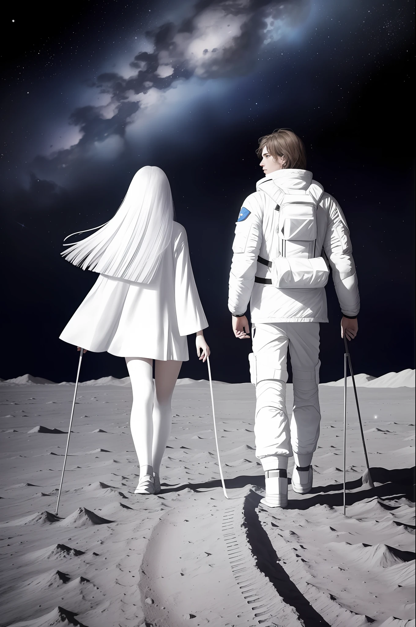 A couple of lovers walking on the moon and contemplating the vast outer space with stars and comets, masterpiece, best quality, ultra-detailed, floating scene, light white clothes, loose hair, slightly embraced air, soft light, melancholic feelings