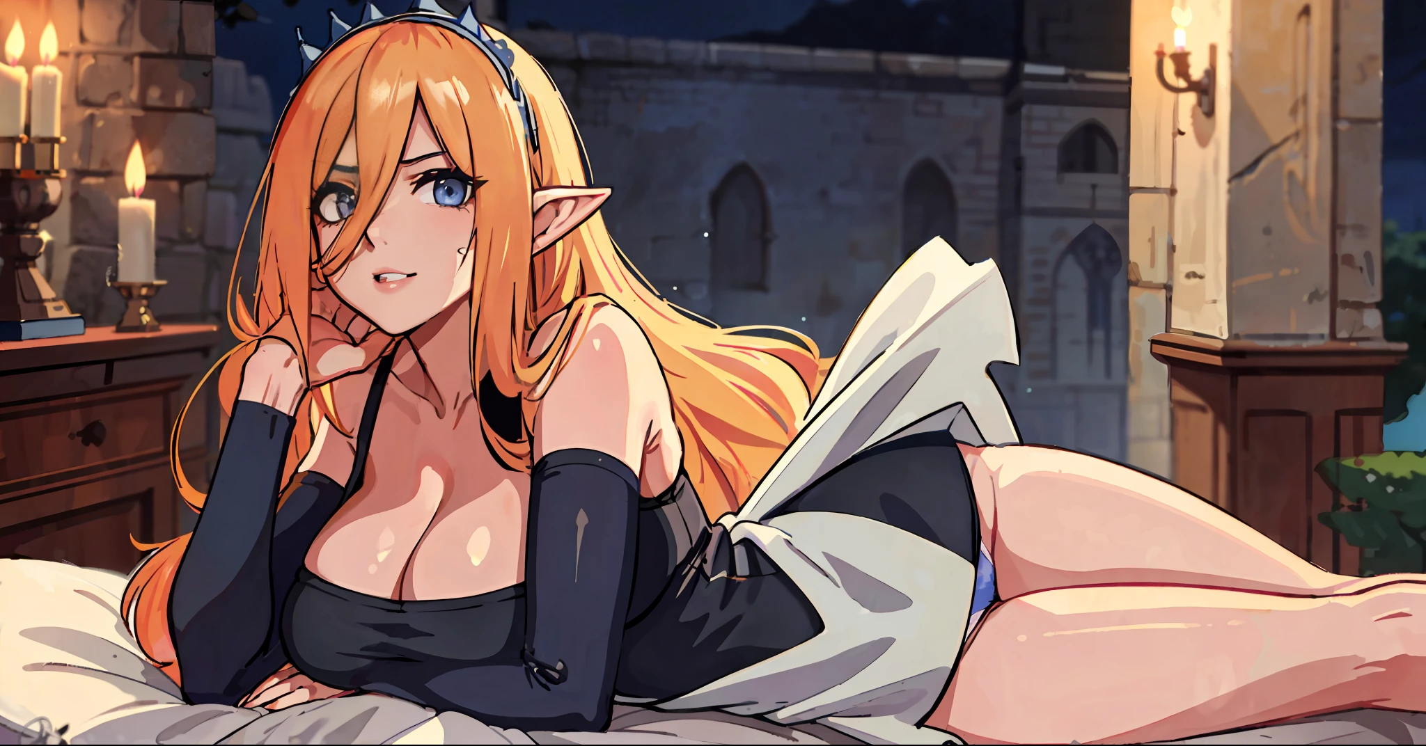 (Masterpiece, best quality), 1 girl, wifu, NSFW, crossed_legs, huge breasts, sicatriz on face, sicatriz on nose, laughs512, dark shadow makeup, dark lips, (white bodycon dress (bluish)), (aroused_face:1.4), medieval room, medieval bed, candles, candle lighting, night, bed, shame, show-off, big chest, panties, light, oversized shirt, (long yellow hair: 1.4), bra,, lying down, legs open,  camel finger, in tight panties, elf ears, (((no mistakes))), ((well detailed)), (((extremely well done)))