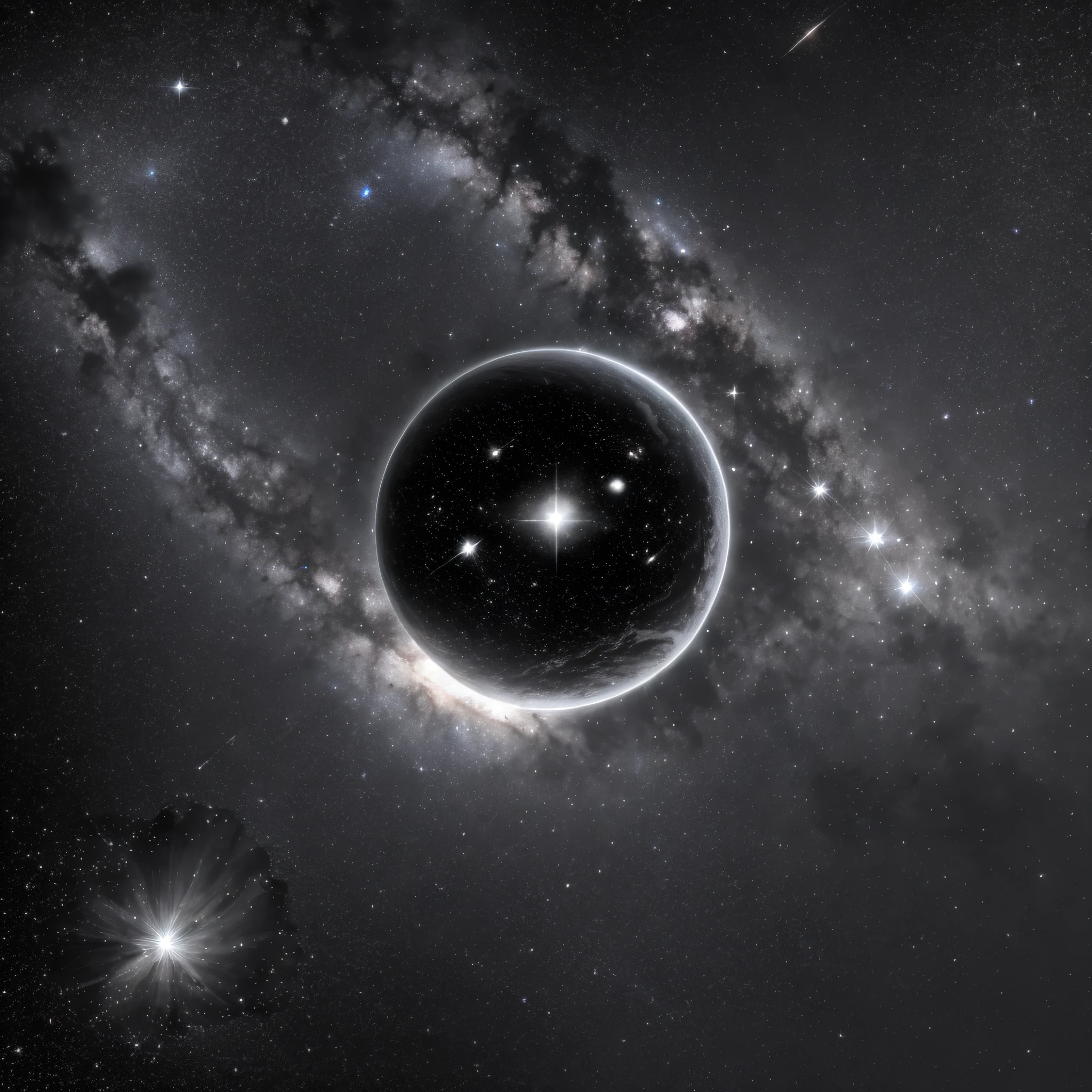 A black and white photo of a star in the middle of a galaxy, stellar explosions, planet and stars, star shining in space, interstellar space scenery, beautiful space star planet, star, nebula, nebulae. volumetric illumination, spinning nebulae, in the universe.highly realistic, luminous stellar sky, stellar space, orbital rings, ultra details, CG unity style