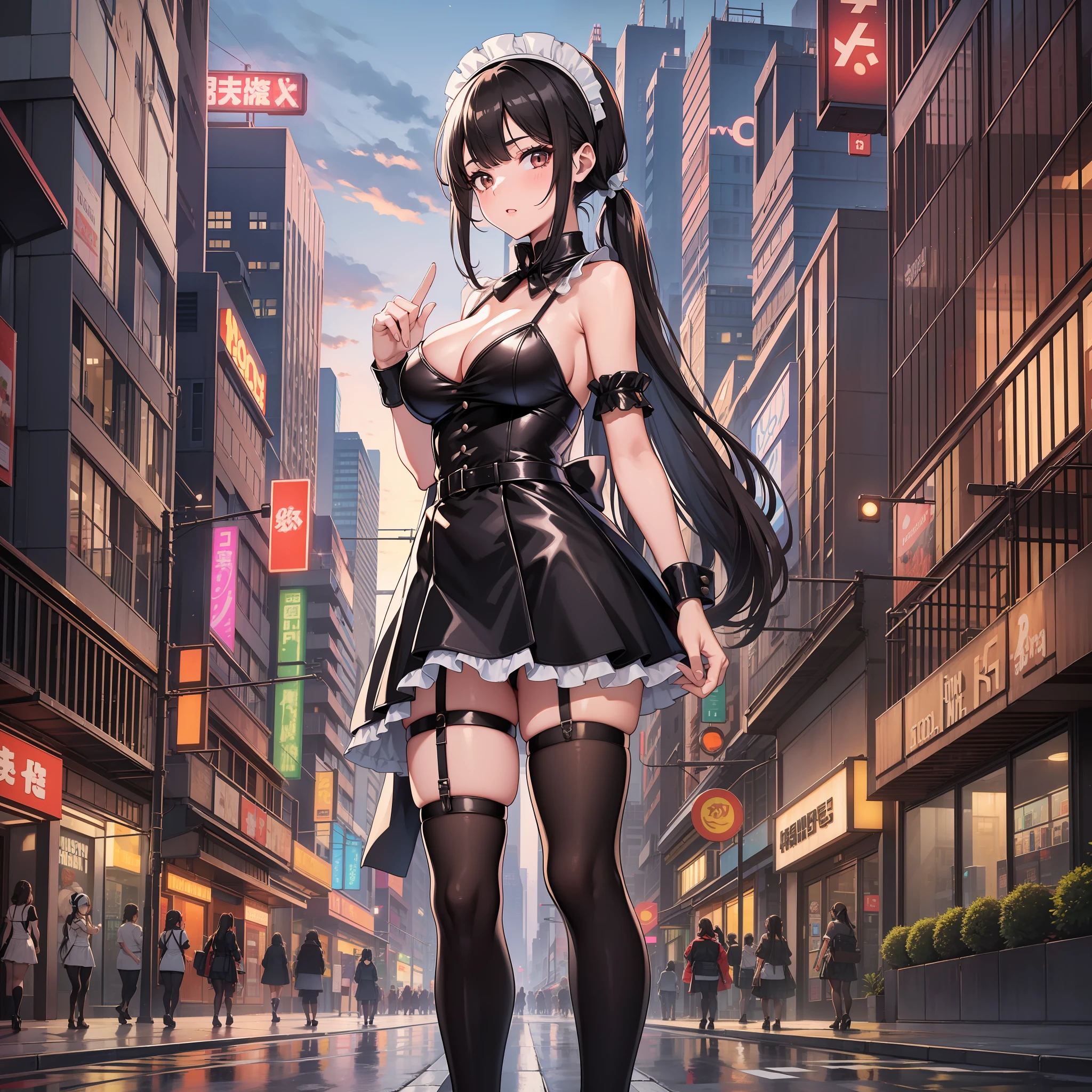 30 years age women, sexy maid outfit with headbands, perfect face, Glazed eyes, Long black hair hanging down in two pigtails, Streets in the cyberpunk city In the evening, brown eyes, zoom out, full body