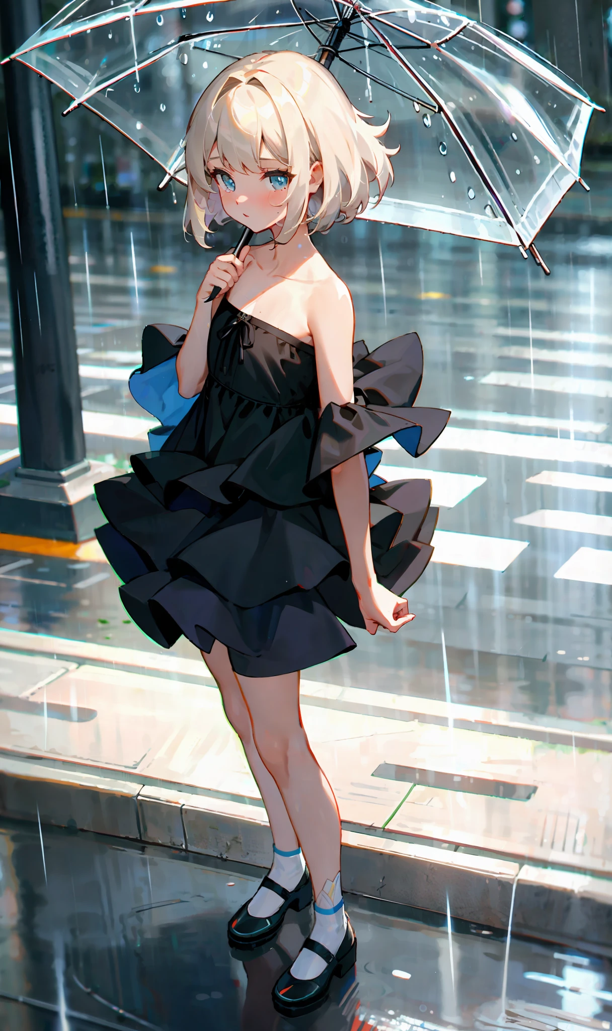 ((Best Quality, 8k, Masterpiece: 1.3)), Focus: 1.2, Perfect Body Beauty: 1.4, Buttocks: 1.2, ((Layered Haircut, Flat Chest: 1.2)), (Rain, Street:1.3), Bandeau Dress: 1.1, Highly Detailed Face and Skin Texture, Fine Eyes, Double Eyelids, Whitened Skin, Long Hair, (Shut Up: 1.3), Full Body