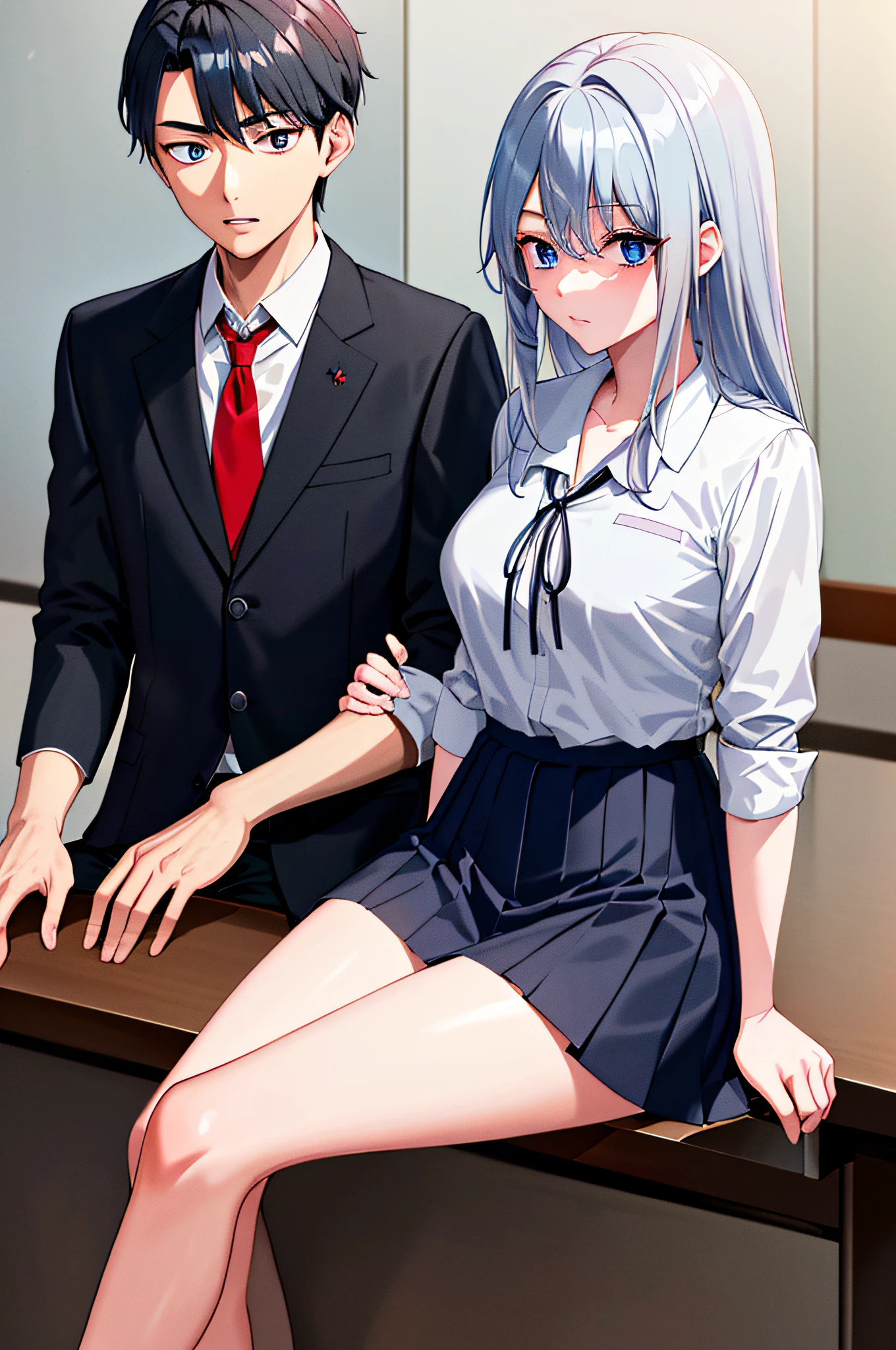 (((masterpiece))), (((best quality))), highres, ((((1girl she has gray hair with blue eyes and 1boy he has short black hair with red eyes who are classmates)))), ((((They have different hair colors and eyes don't confuse)))), (draws Kei and kiyotaka ayanokoji looking at each other), (2schoolmates who are Kei and kiyotaka ayanokoji looking at each other),  (kei1), (1girl), solo, ((((she has blue eyes)))), (she has long hair), (she wears a school uniform), (she has ribbon), (she has bangs), collarbone, she has gray hair, she has black hair band, she has neck ribbon, hair between her eyes, she has medium breasts, cowboy shot, she is looking seriously at kiyotaka ayanokoji,  anatomically correct whole body, is inside a school room, is sitting on a bed with her legs together, full detached scenary, (1boy), (kiyotaka ayanokoji), 15-year-old teenager, school uniform white shirt black jacket open jacket red tie long black pants sitting, ((((he has red eyes)))), ((he has short black hair)), anatomically correct whole body,  he has a jesus necklace around his neck, normal legs, wears black shoes, (he's looking at Kei1 or the girl), he's sitting in a chair, he's facing Kei, (full detail escenario)