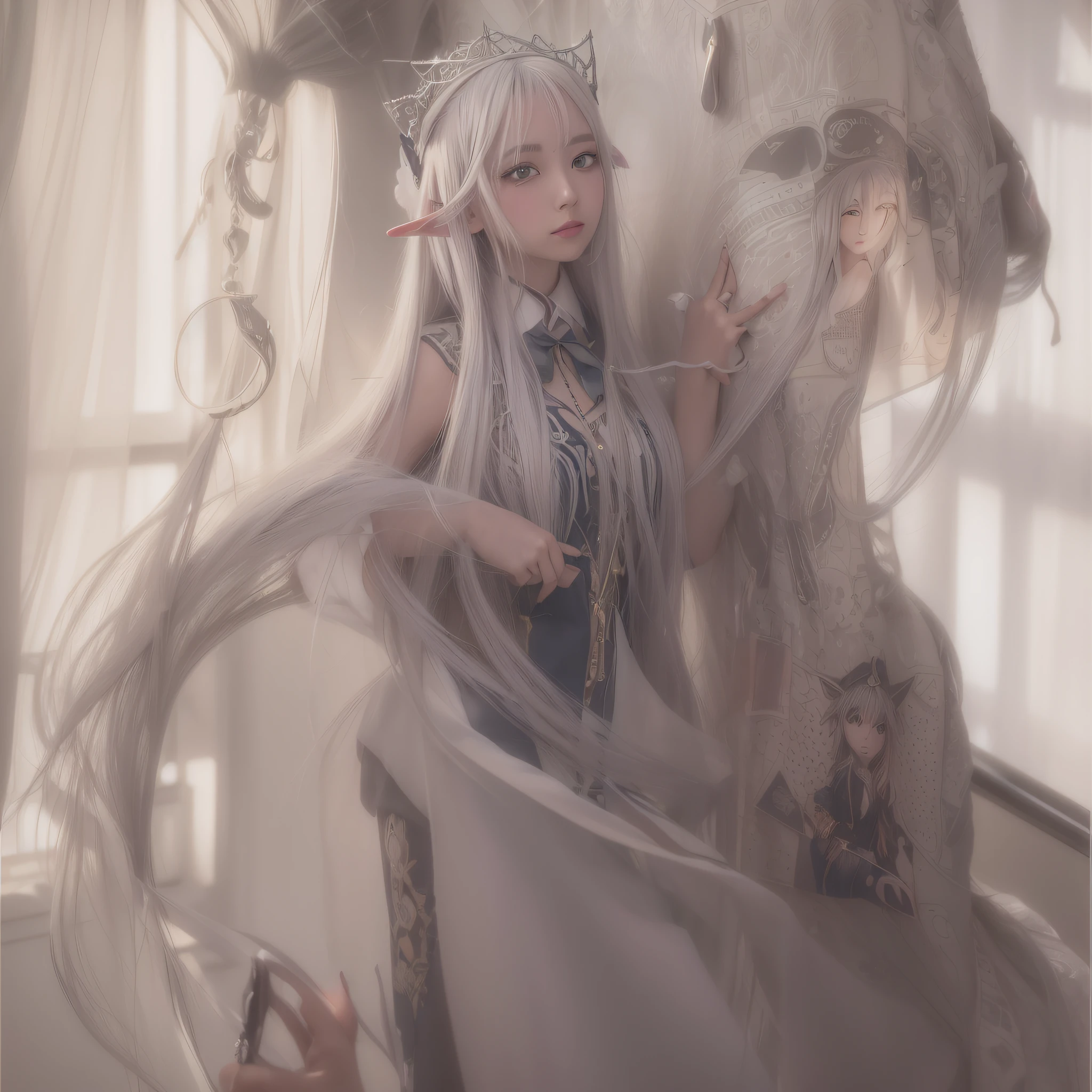 Close-up of a woman with long hair and cat ears, (((Beautiful Fantasy Queen)), Beautiful Elegant Elf Queen, Guvitz, Ethereal Beauty, Beautiful Fantasy Queen, Guvez style artwork, Beautiful character painting, Beautiful fantasy anime, Anime goddess, Fantasy art style, White Haired God, 8K High Quality Detail Art, Surreal Schoolgirl, JK Uniform, Schoolgirl, Sakimichan, Surreal Schoolgirl, Magic School Uniform, Japanese School Uniform, Style Anime, Wearing School Uniform, Shikamimi, realistic schoolgirl