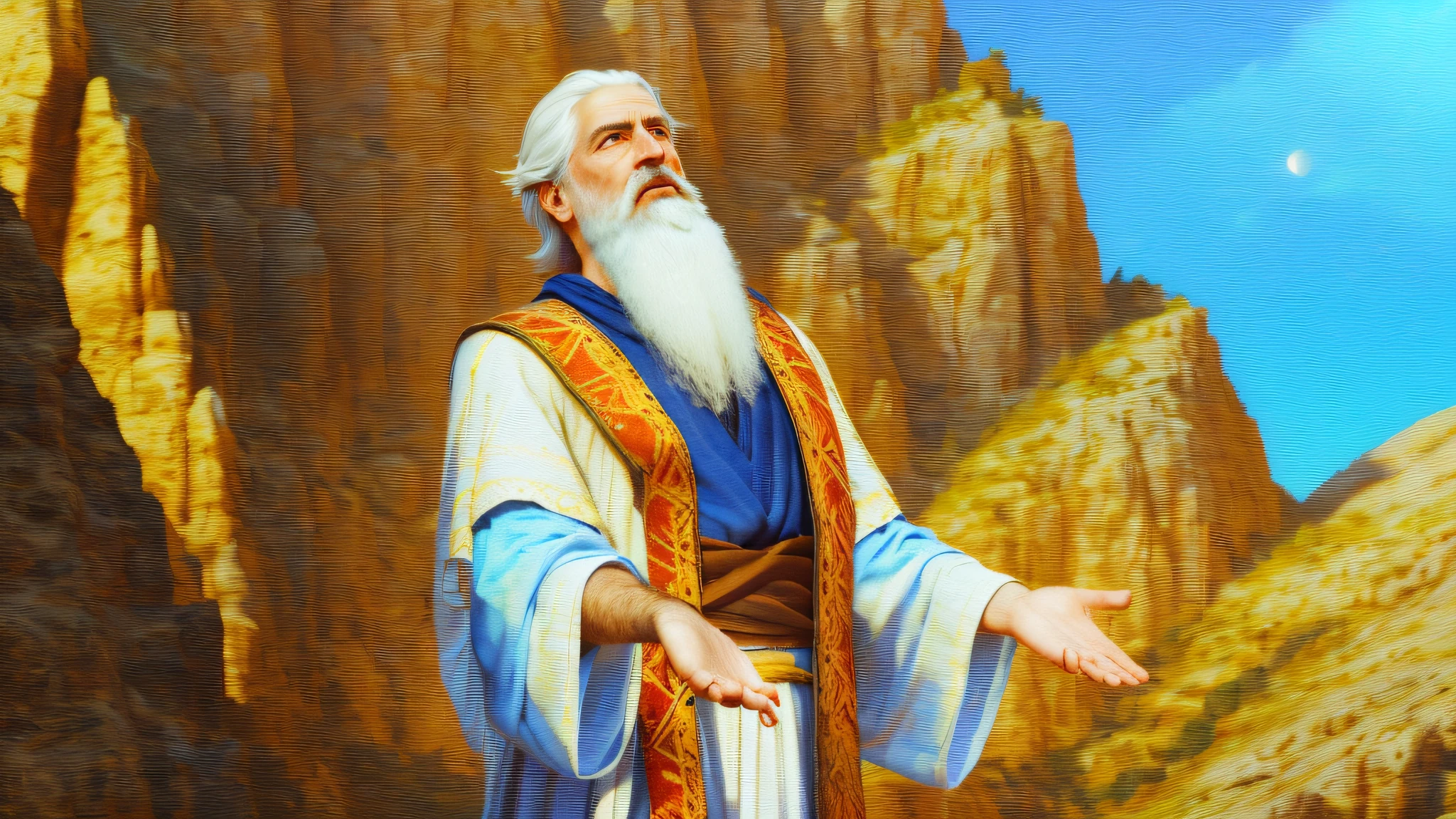 Photo Raw, (realistic), (masterpiece), (best quality), [(face high details)] , [((eyes high details))],[(hands high details)], there is a handsome old male man, Noah with beard and white hair, looking up at the sky, praying, background mountains, (skin high details), epic biblical representation, 8k, UHD, cinematic lighting, --s2