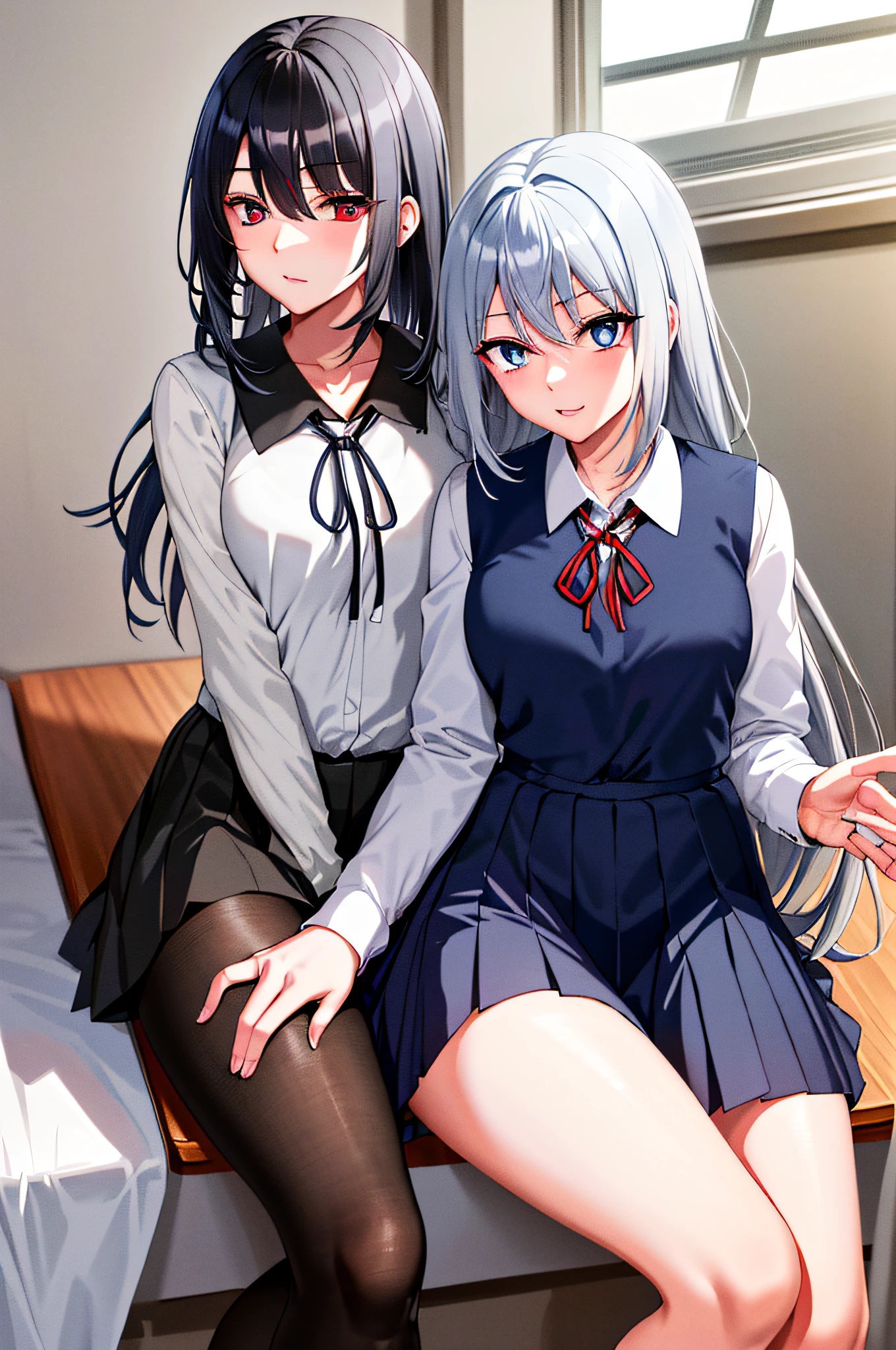 (((masterpiece))), (((best quality))), highres, ((((1girl she has gray hair with blue eyes and 1boy he has short black hair with red eyes who are classmates)))), ((((They have different hair colors and eyes don't confuse)))), (draws Kei and kiyotaka ayanokoji looking at each other), (2schoolmates who are Kei and kiyotaka ayanokoji looking at each other),  (kei1), (1girl), solo, ((((she has blue eyes)))), (she has long hair), (she wears a school uniform), (she has ribbon), (she has bangs), collarbone, she has gray hair, she has black hair band, she has neck ribbon, hair between her eyes, she has medium breasts, cowboy shot, she is looking seriously at kiyotaka ayanokoji,  anatomically correct whole body, is inside a school room, is sitting on a bed with her legs together, full detached scenary, (1boy), (kiyotaka ayanokoji), -yeld teger, school uniform white shirt black jacket open jacket red tie long black pants sitting, ((((he has red eyes)))), ((he has short black hair)), anatomically correct whole body,  he has a jesus necklace around his neck, normal legs, wears black shoes, (he's looking at Kei1 or the girl), he's sitting in a chair, he's facing Kei, (full detail escenario)