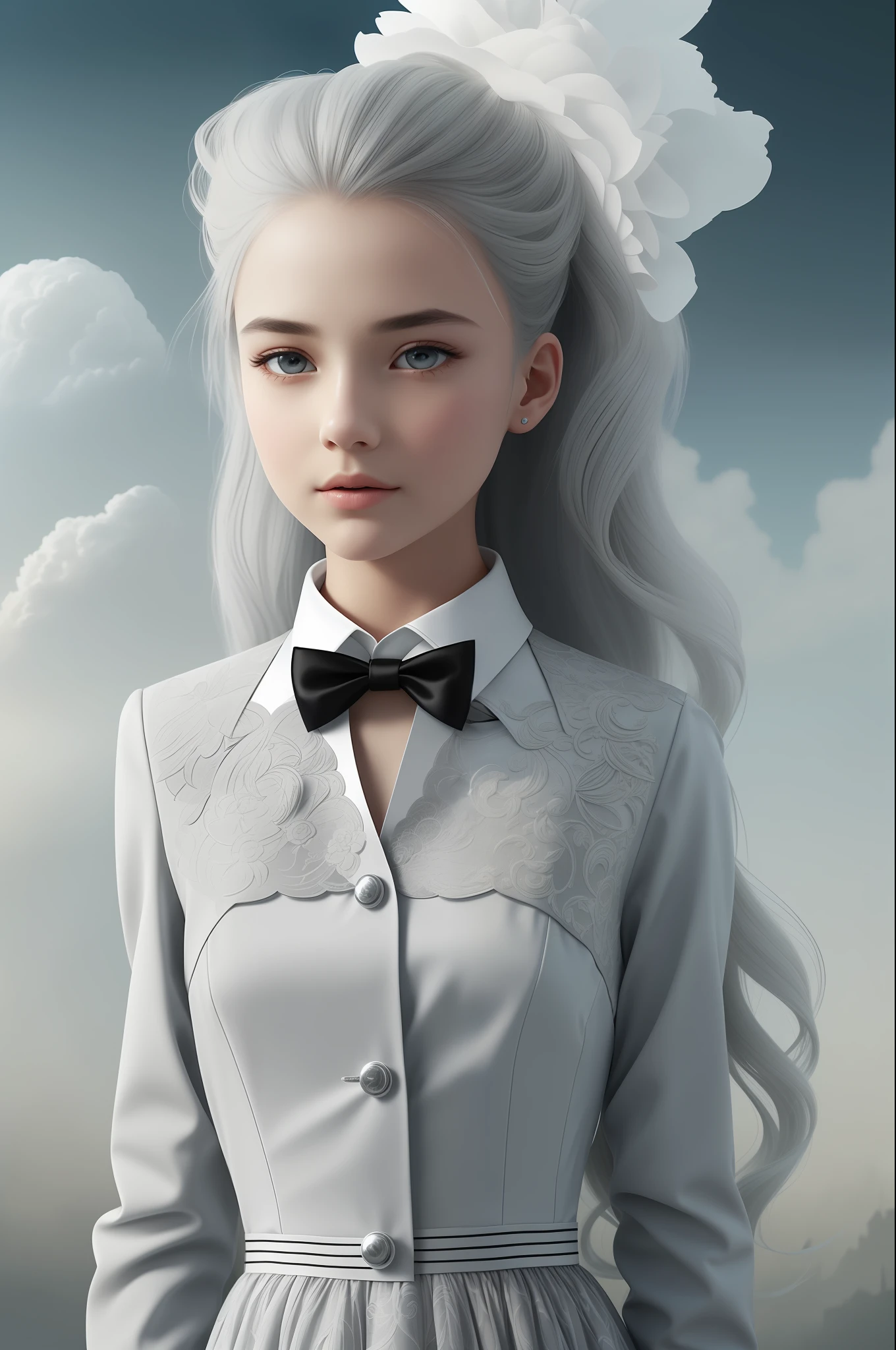 masterpiece, exquisite, illustration, {beautiful and meticulous girl}, beautiful and detailed halo, (fire of war: 1.2), (nuclear explosion behind: 1.3), rain, detailed lighting, detail water, (beautiful and detailed eyes: 1.1), expressionless, palace, sky blue hair, scattered hair, long bangs, eyebrows, (white-gray dress: 1.1), black ribbon, white bow tie, upper abdomen, big forehead, dull, flower, long sleeves