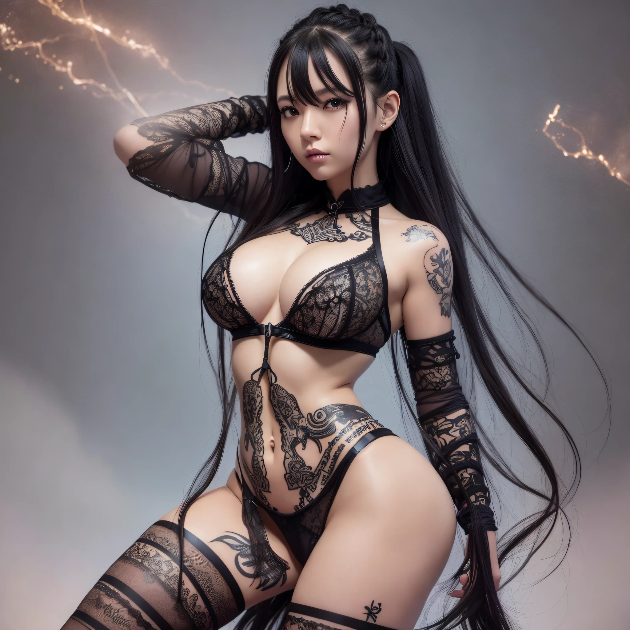 Adolecent, best quality, ultra detailed, 4k, Japanese, black hair, sensual, lingerie, warrior, anime, hair with braids, tattoos, war scene, full body vision, big chest piercing.