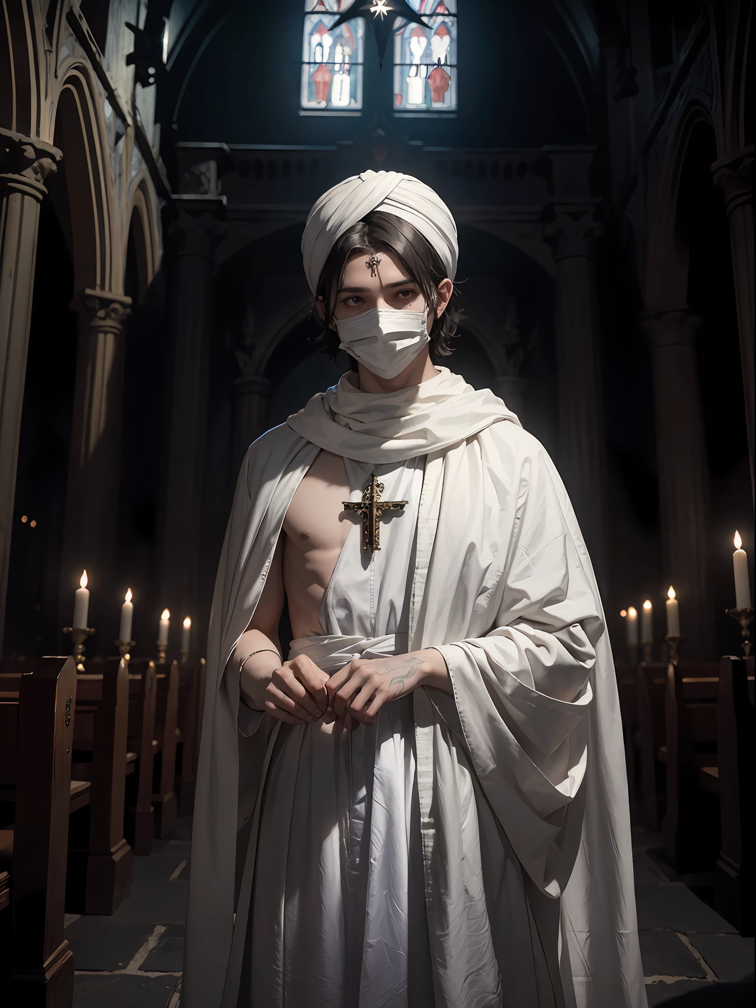 (masterpiece, best quality, highly detailed) Occultism and horror themed CG art. A boy stands in a dark church dungeon at night, wearing a white turban and a full-face mask. He is wearing a very long white sheet and appears deep in prayer.