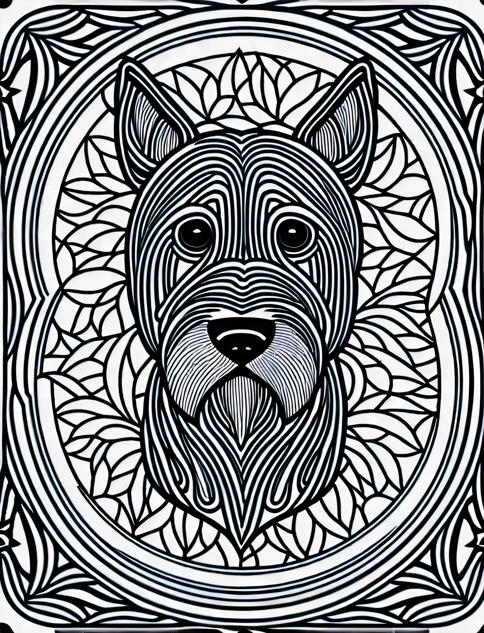 a Scottish Terrier style dog, fantasy, magical, mandala, happy, black and white, equal wavy lines, realistic line art drawing, coloring book page, no noise, sharp thick lines, contour art, centered image, isolated on a white background